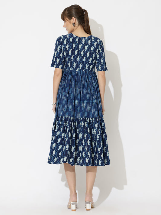 V-Neck Tiered Paisley Block Print Midi Dress