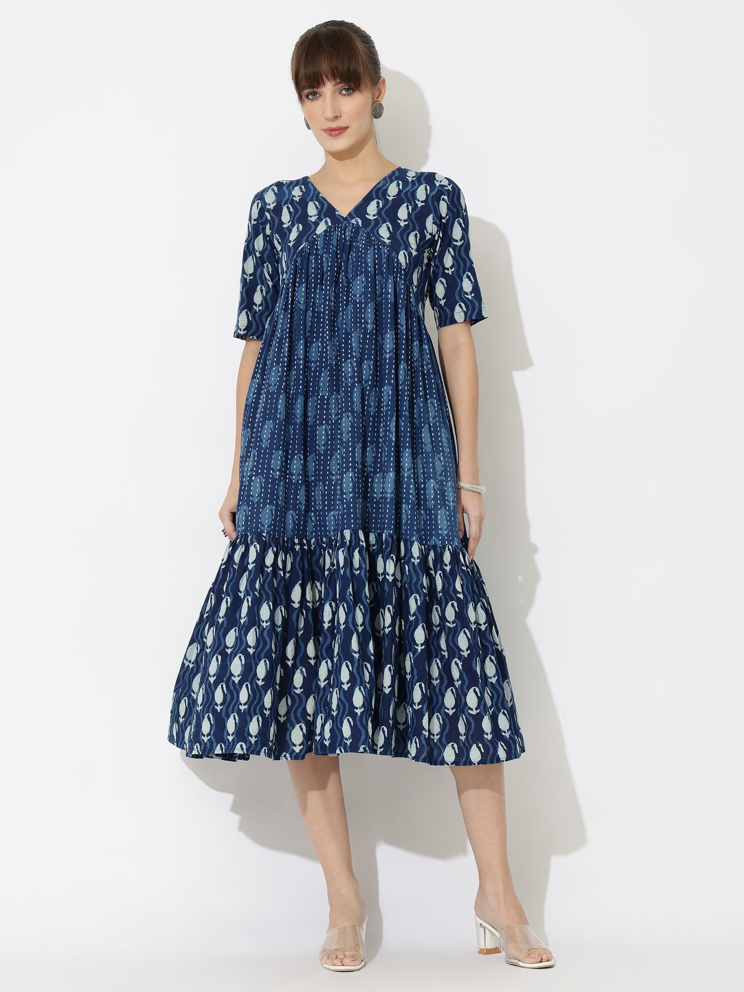 V-Neck Tiered Paisley Block Print Midi Dress