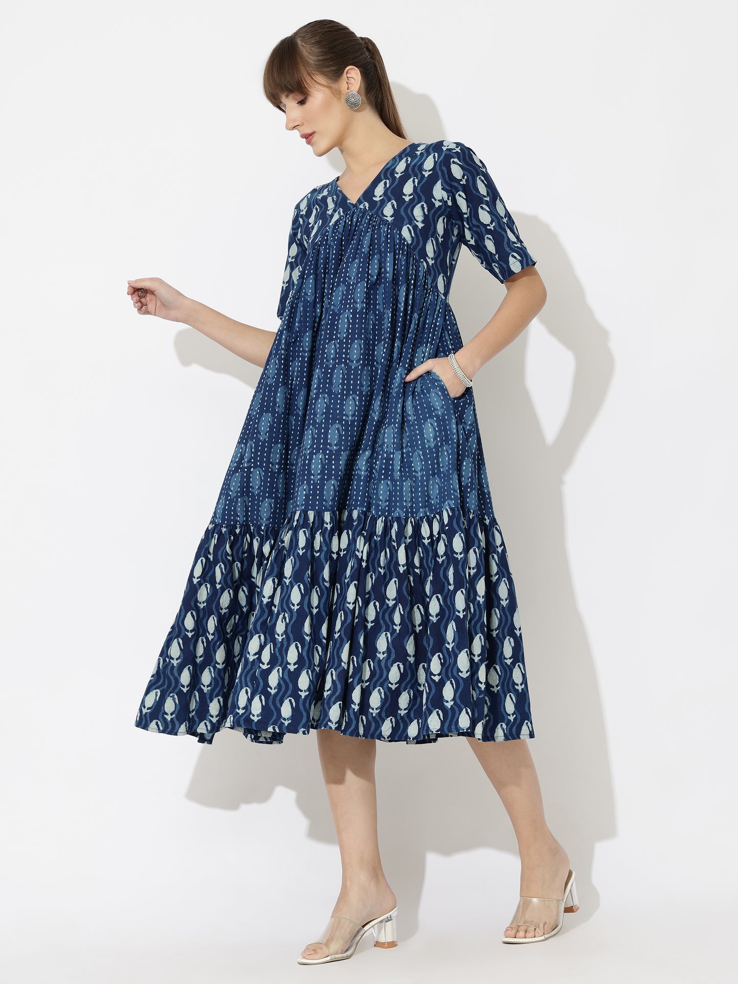 V-Neck Tiered Paisley Block Print Midi Dress