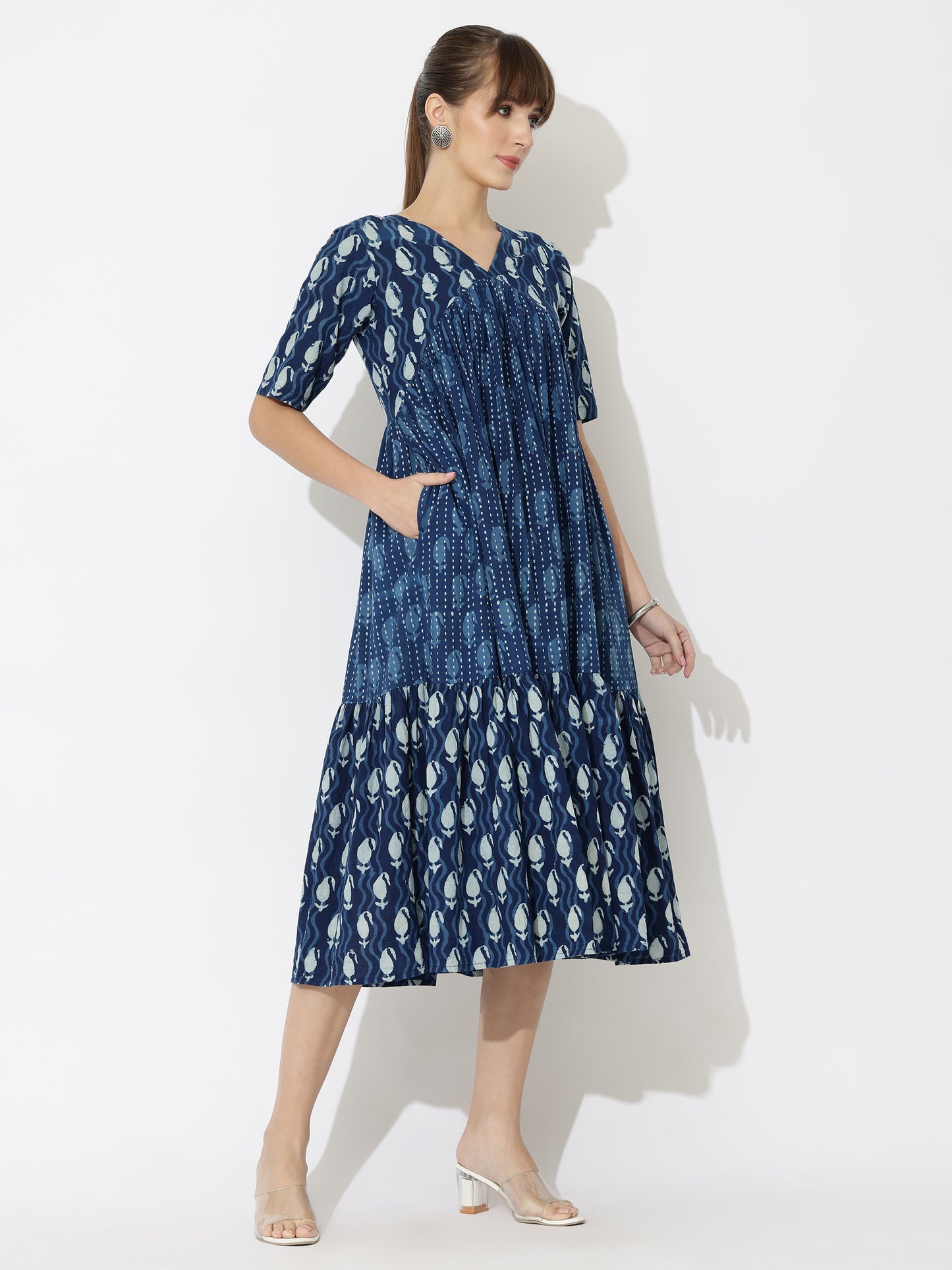 V-Neck Tiered Paisley Block Print Midi Dress
