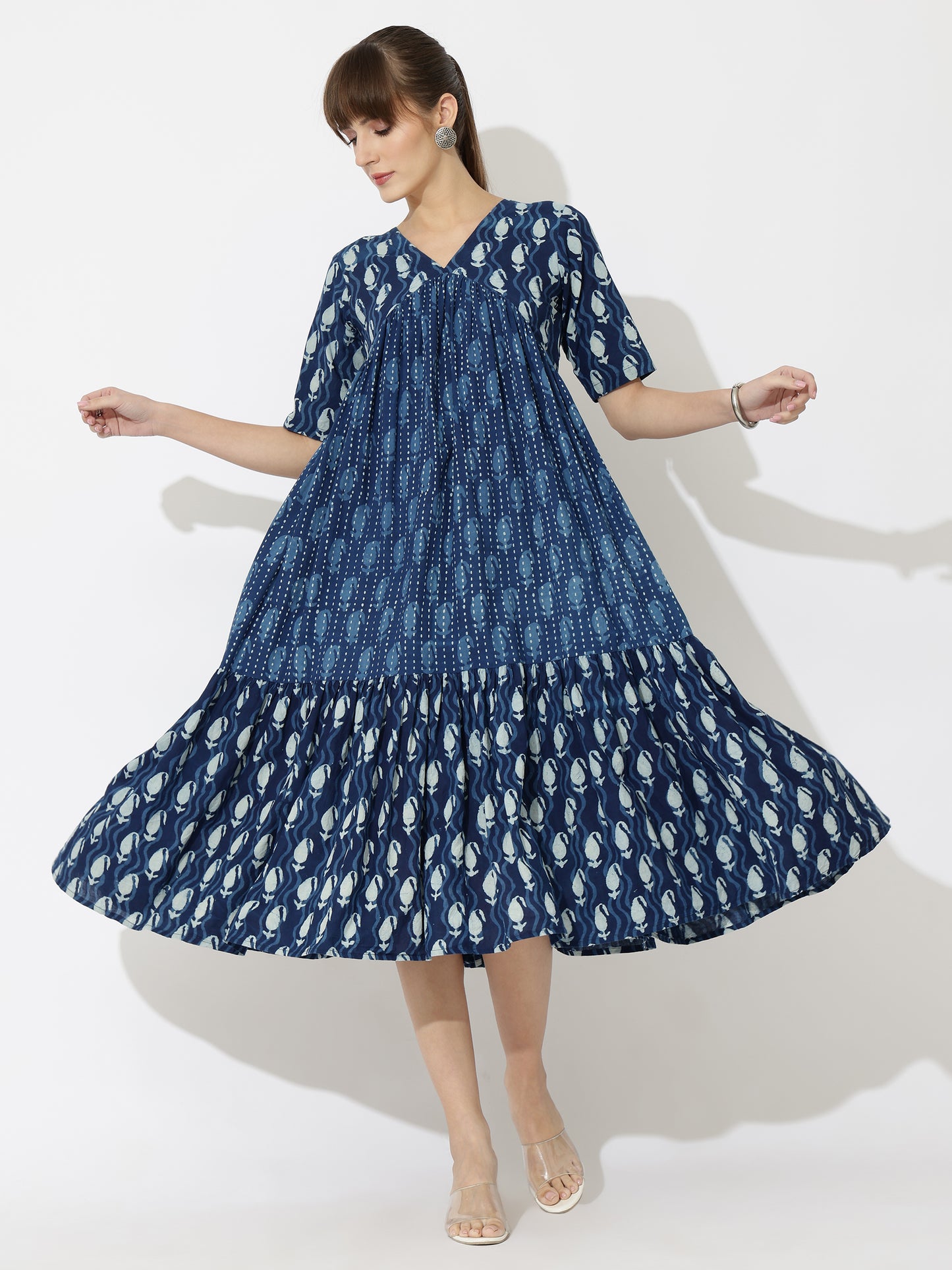 V-Neck Tiered Paisley Block Print Midi Dress