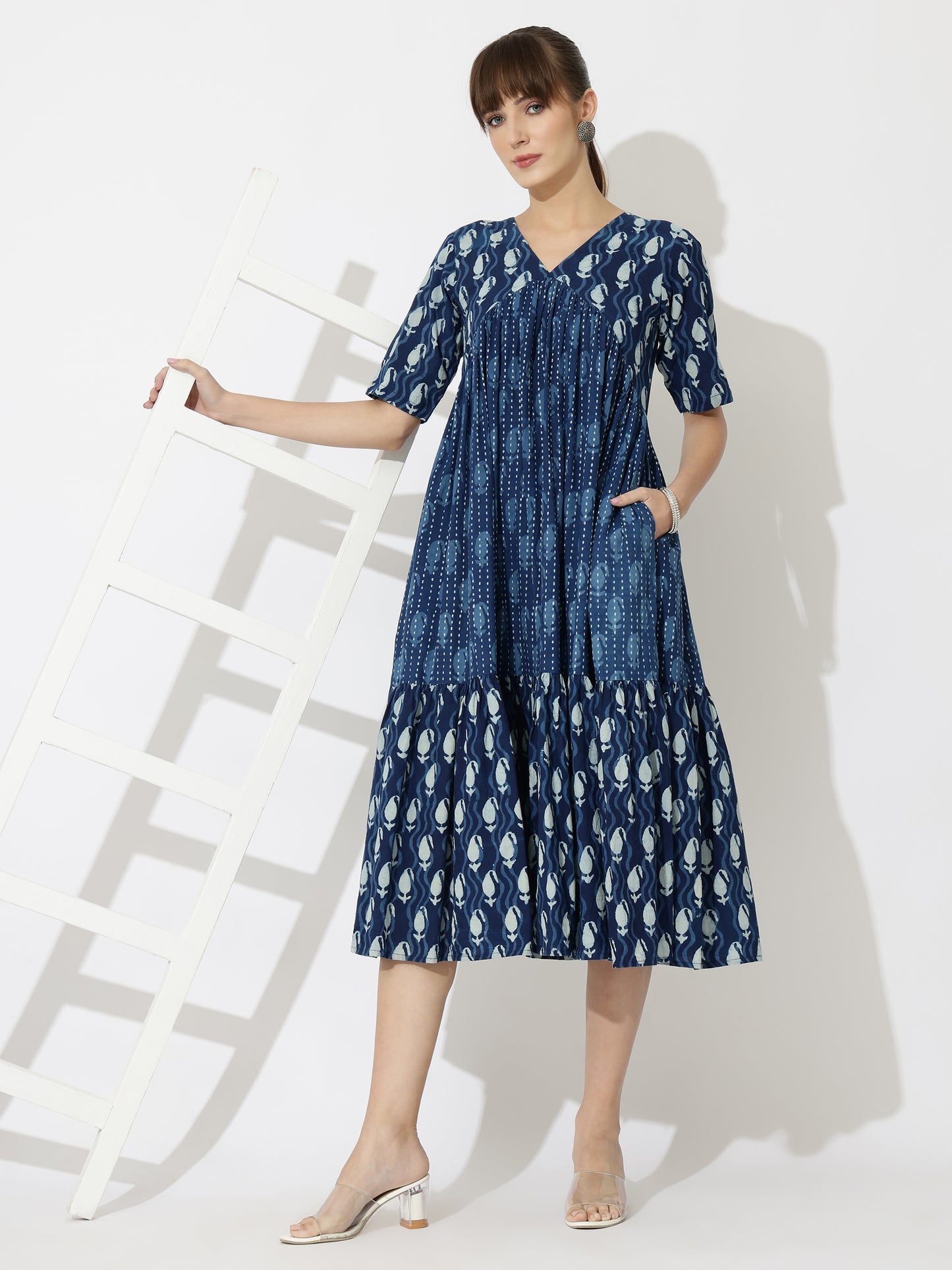 V-Neck Tiered Paisley Block Print Midi Dress