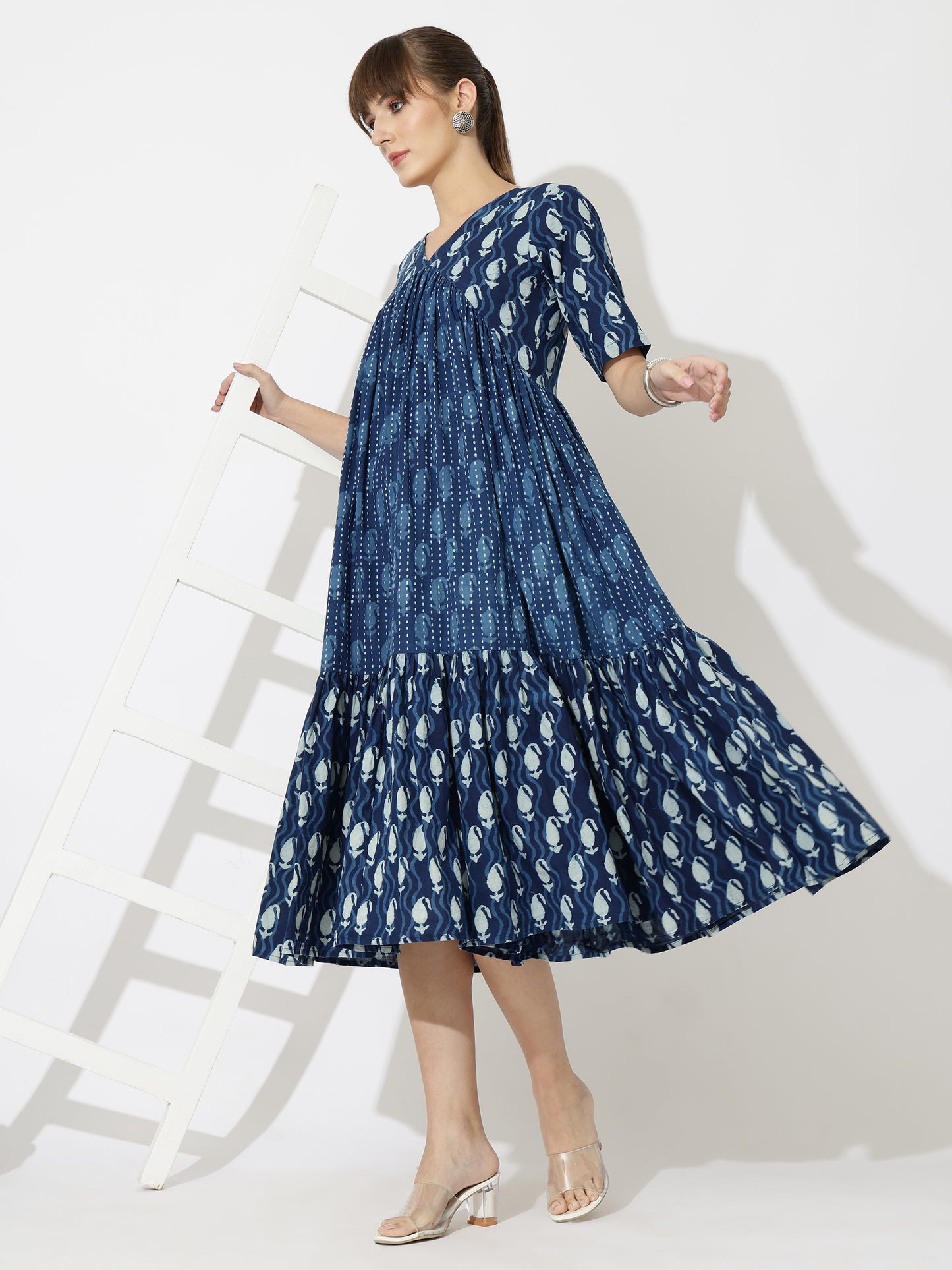 V-Neck Tiered Paisley Block Print Midi Dress