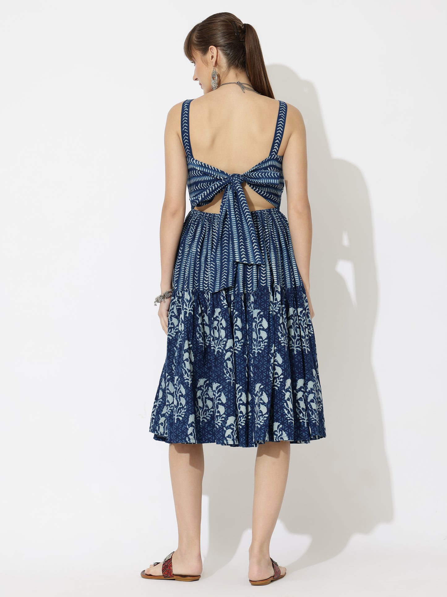 Back Tie Block Printed Cotton Midi Dress