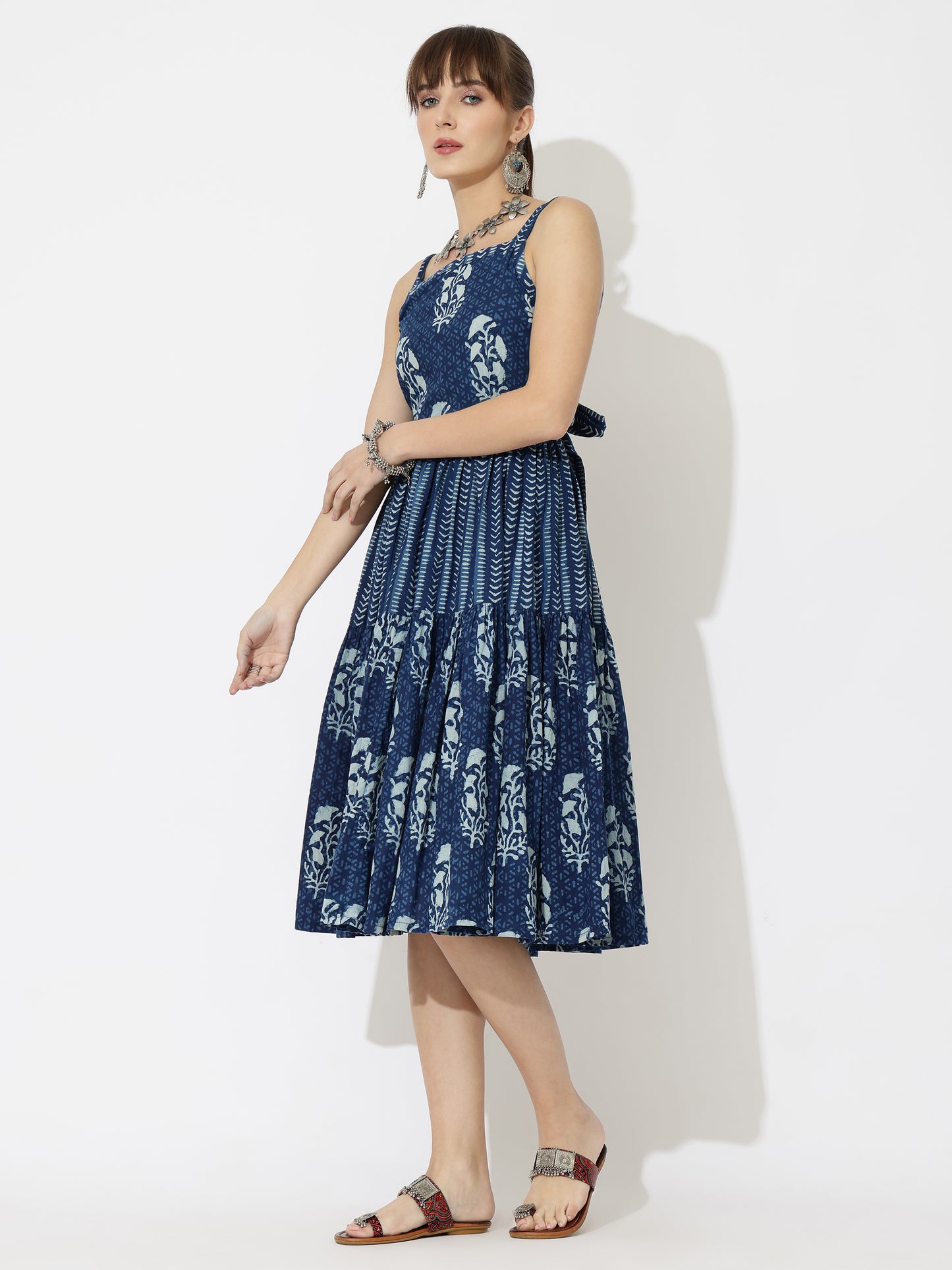 Back Tie Block Printed Cotton Midi Dress