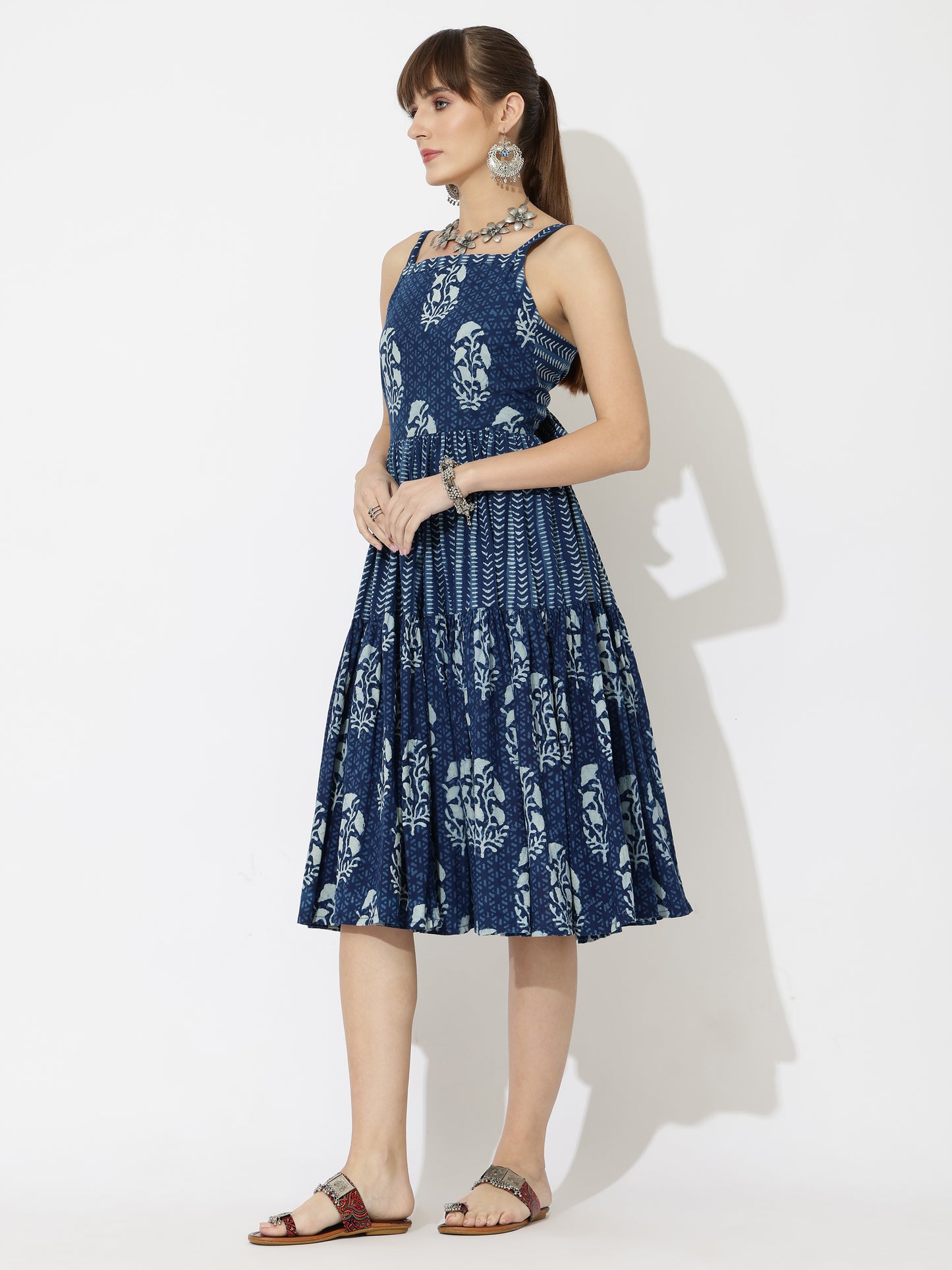Back Tie Block Printed Cotton Midi Dress