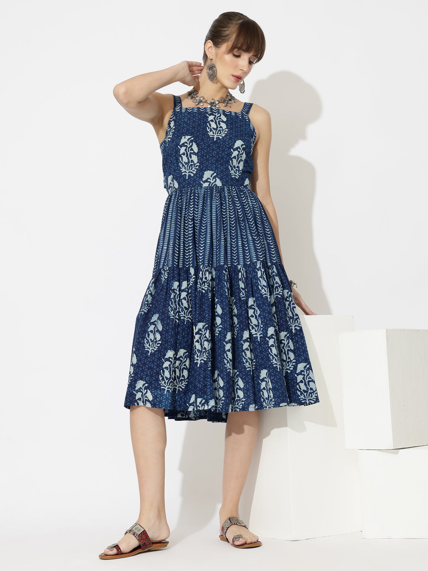 Back Tie Block Printed Cotton Midi Dress