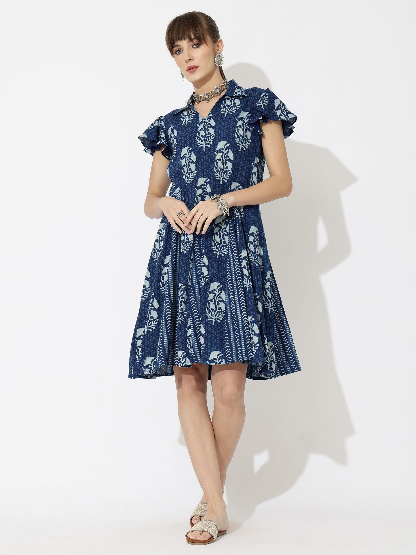Smart Block Printed Shirt Dress with Flared Skirt