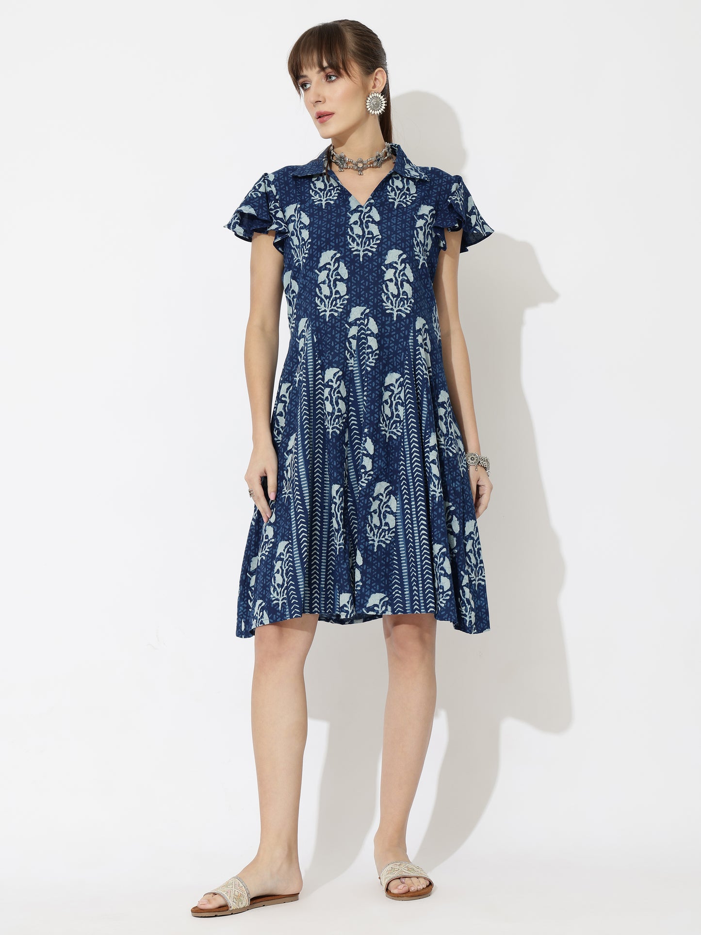 Smart Block Printed Shirt Dress with Flared Skirt