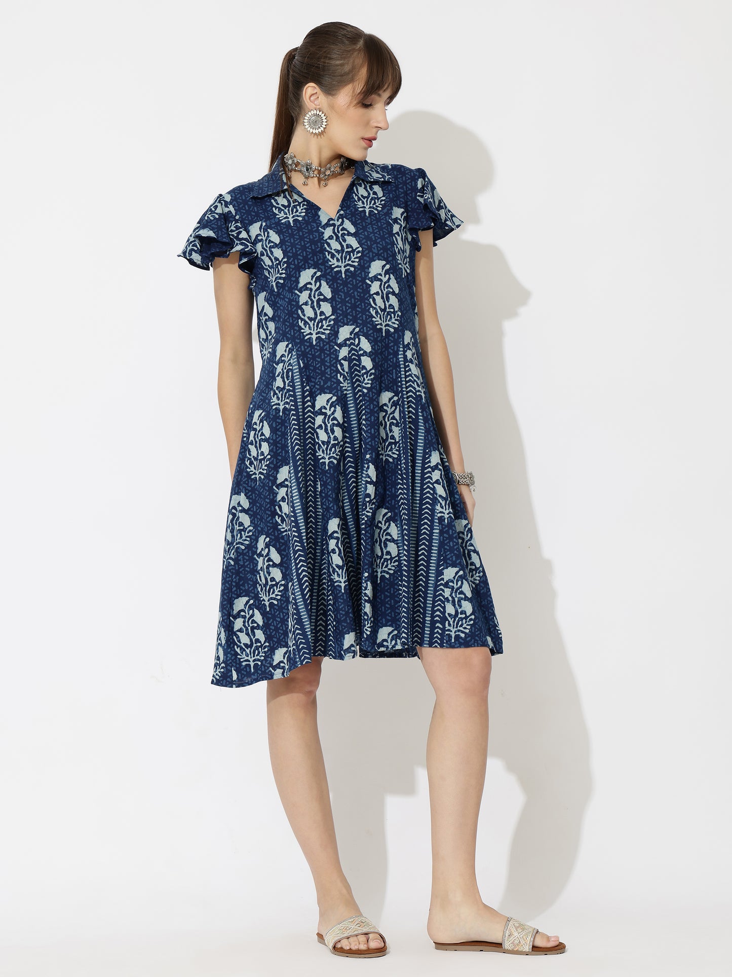 Smart Block Printed Shirt Dress with Flared Skirt