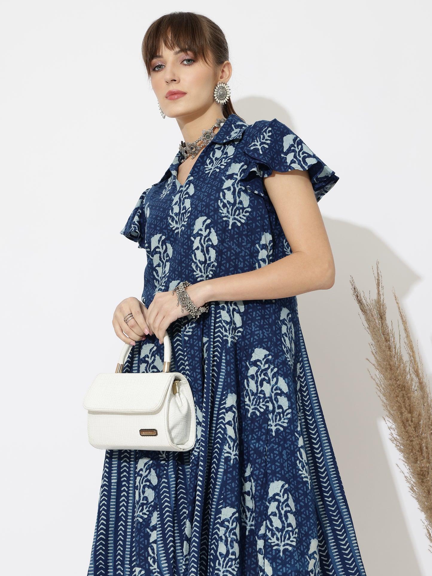 Smart Block Printed Shirt Dress with Flared Skirt