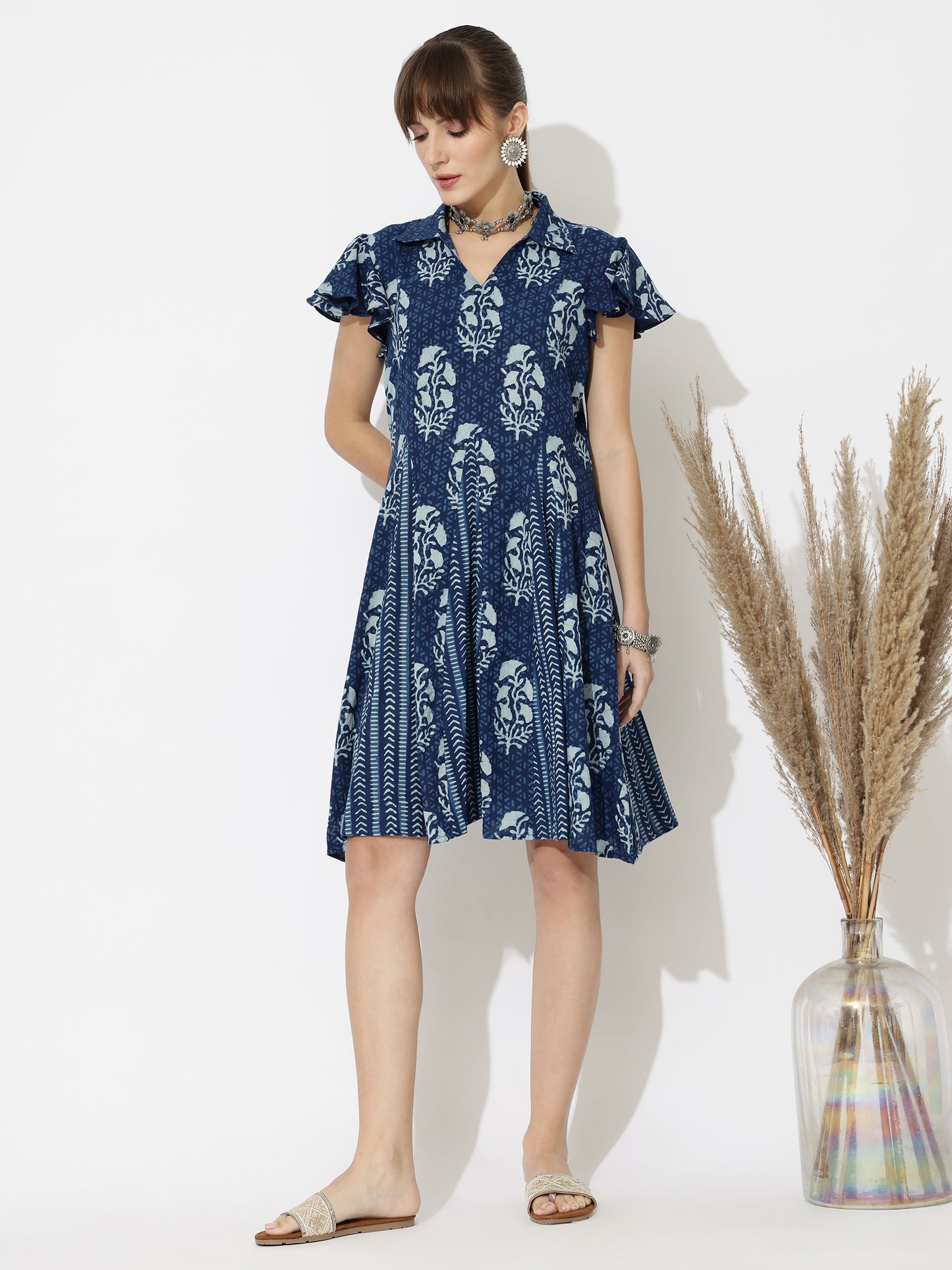 Smart Block Printed Shirt Dress with Flared Skirt