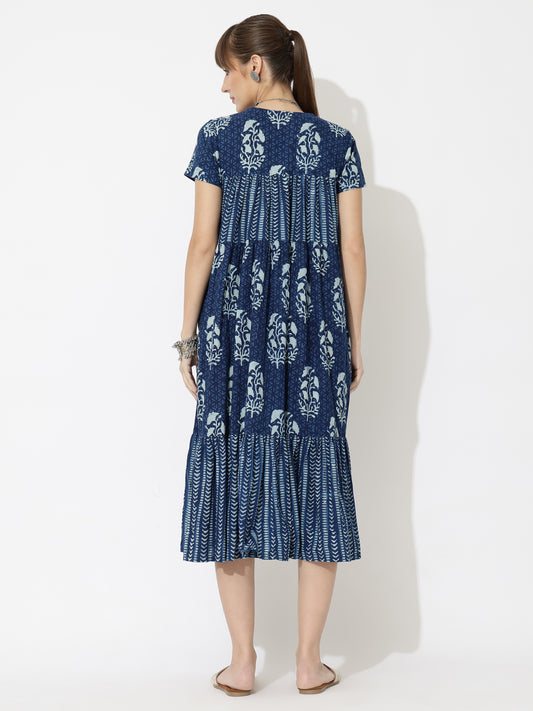 Indigo Block Printed Multi-Tiered Midi Dress