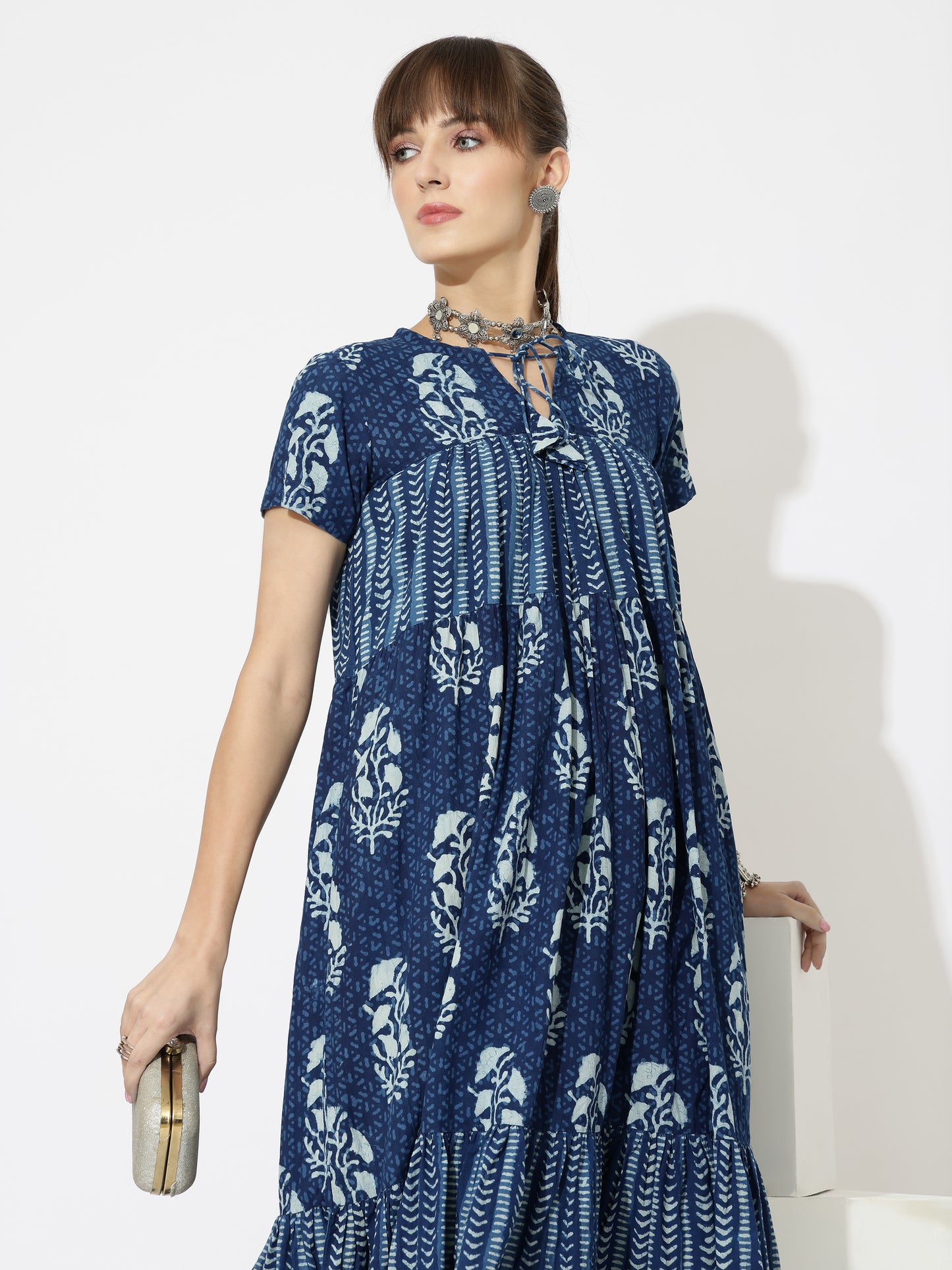 Indigo Block Printed Multi-Tiered Midi Dress