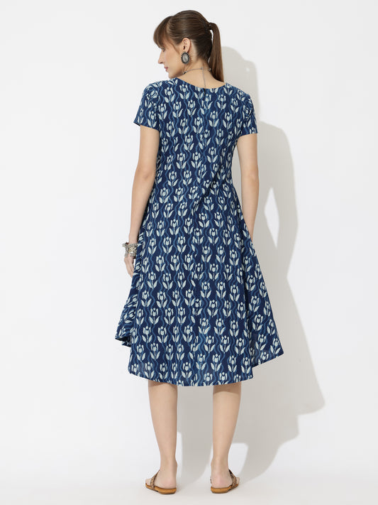 Stylish Block Printed Dress with Flared Hemline