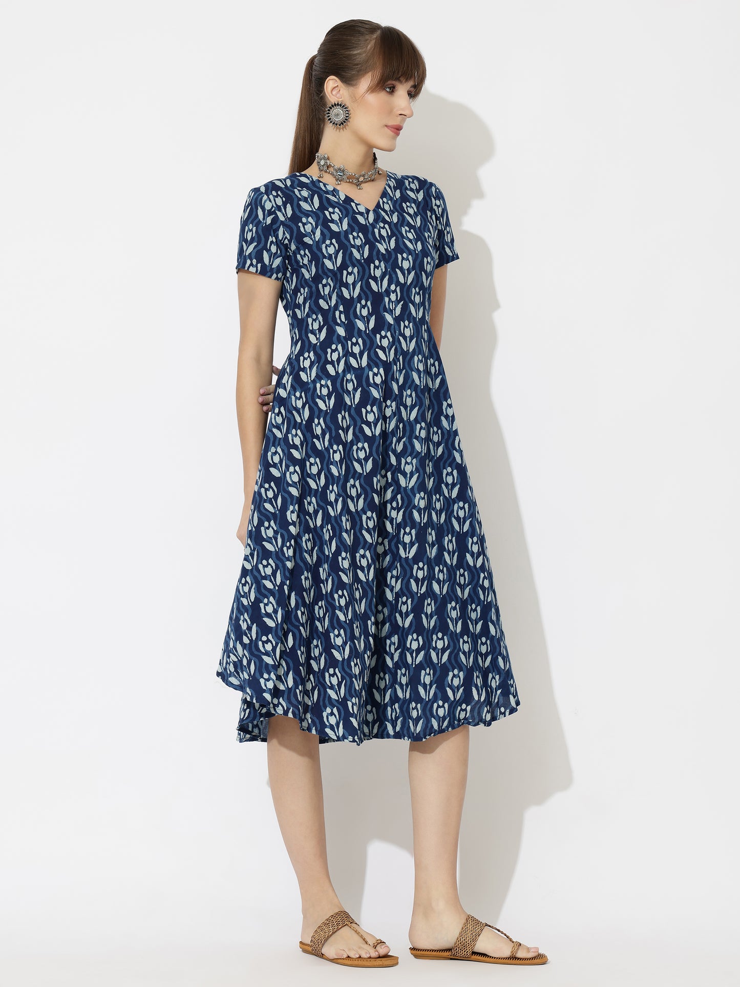 Stylish Block Printed Dress with Flared Hemline
