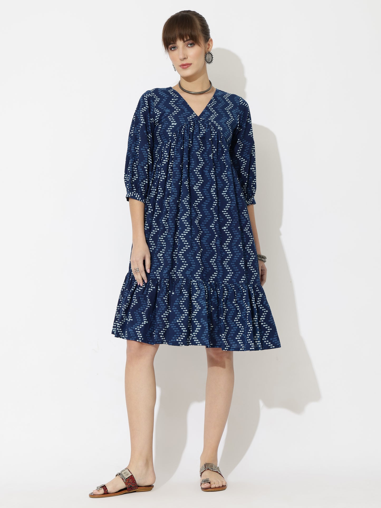 V-Neck Block Printed Modern Print Dress with Pockets