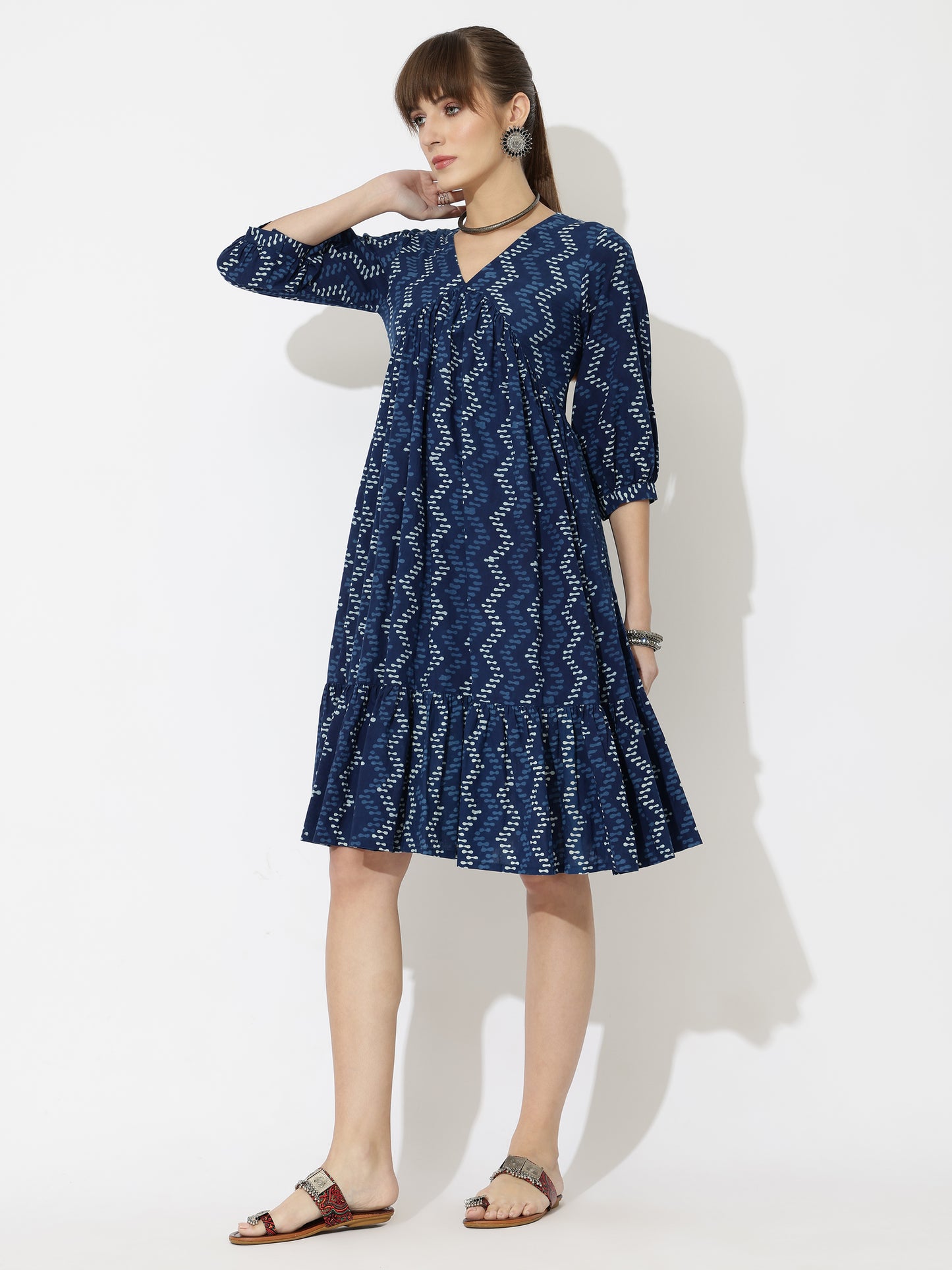 V-Neck Block Printed Modern Print Dress with Pockets