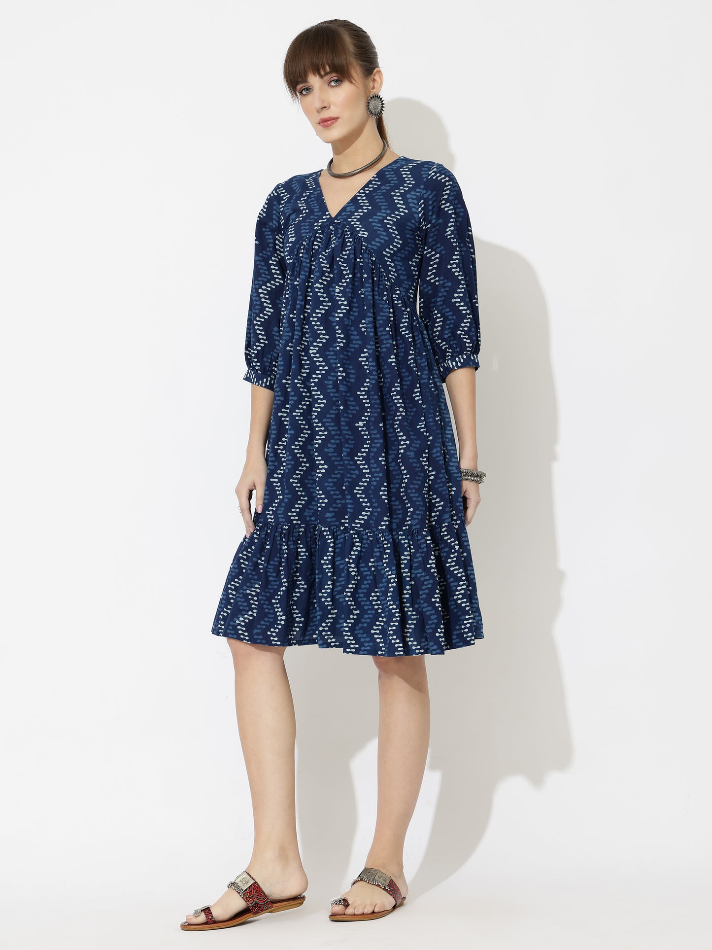 V-Neck Block Printed Modern Print Dress with Pockets