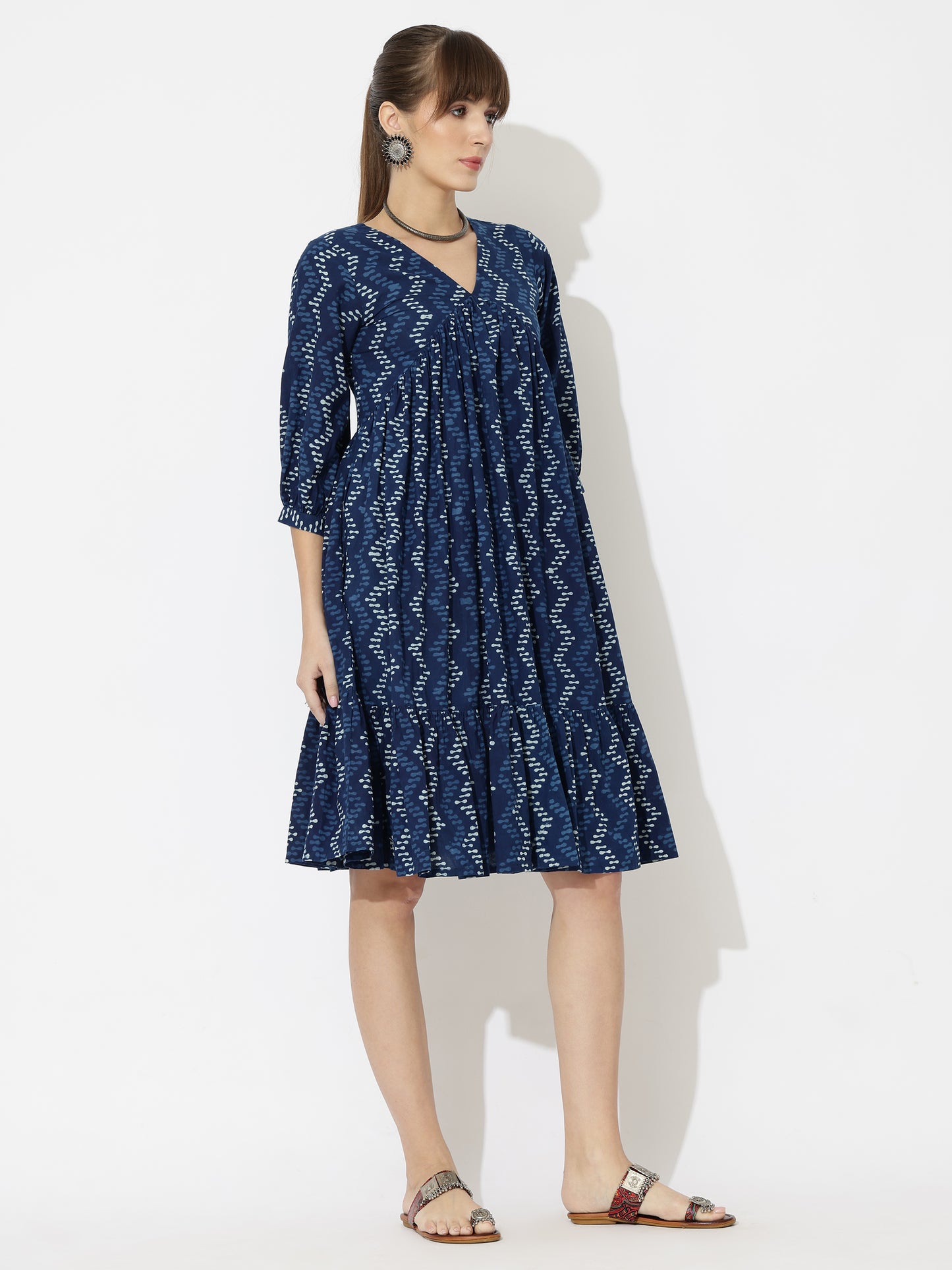 V-Neck Block Printed Modern Print Dress with Pockets