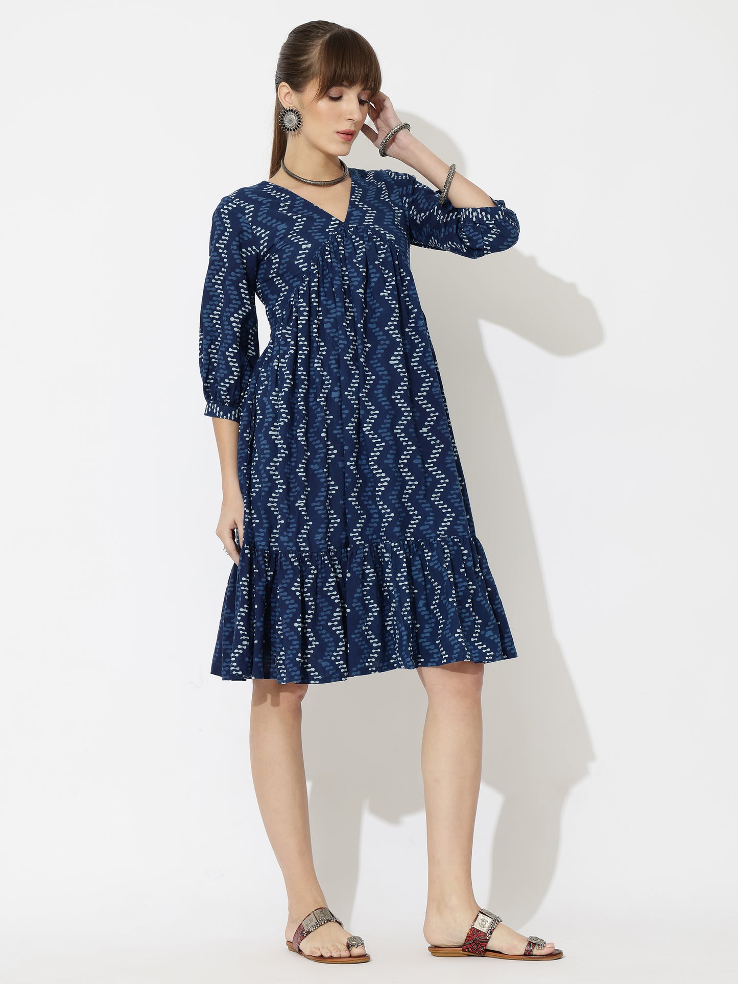 V-Neck Block Printed Modern Print Dress with Pockets
