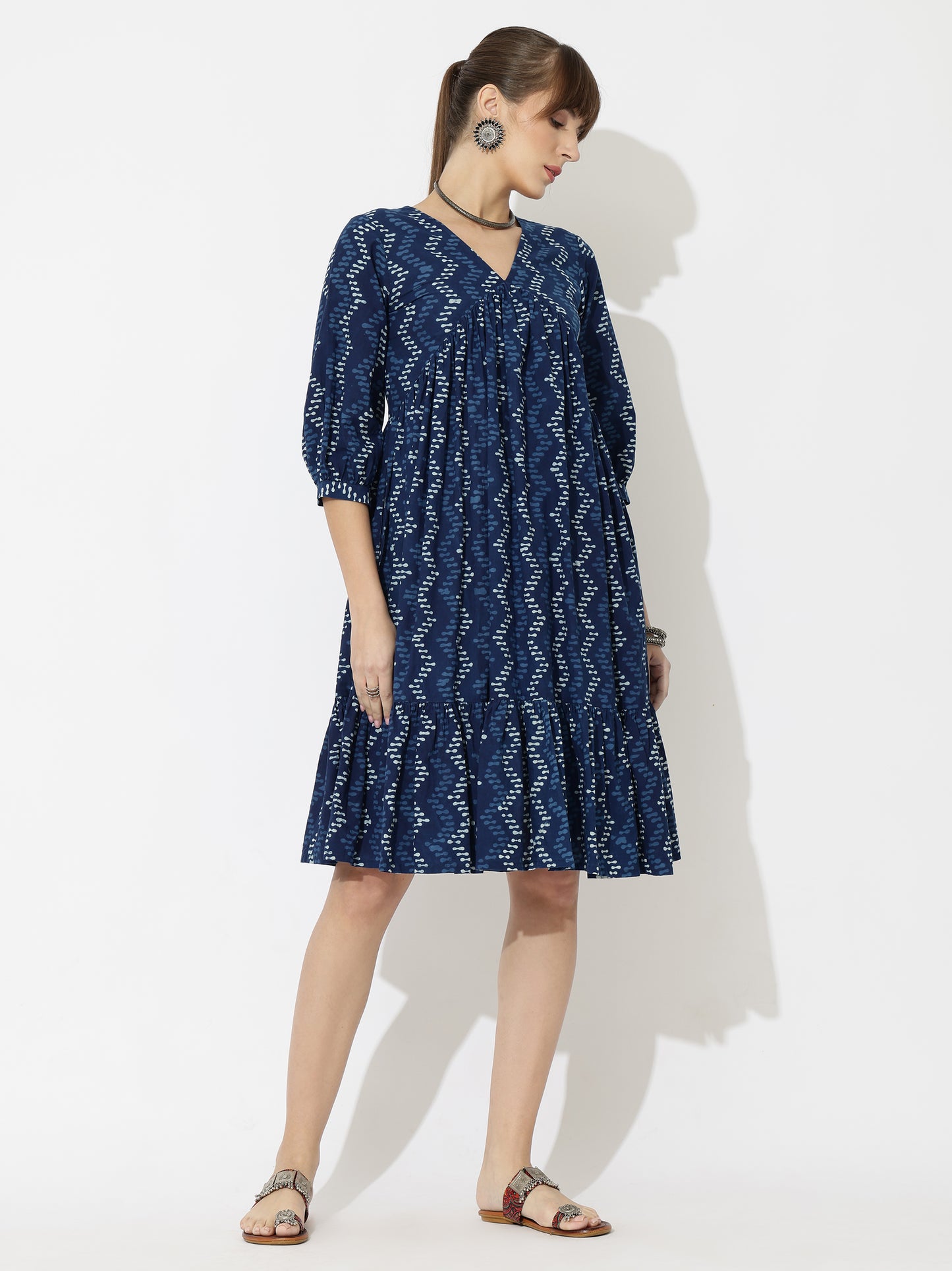V-Neck Block Printed Modern Print Dress with Pockets