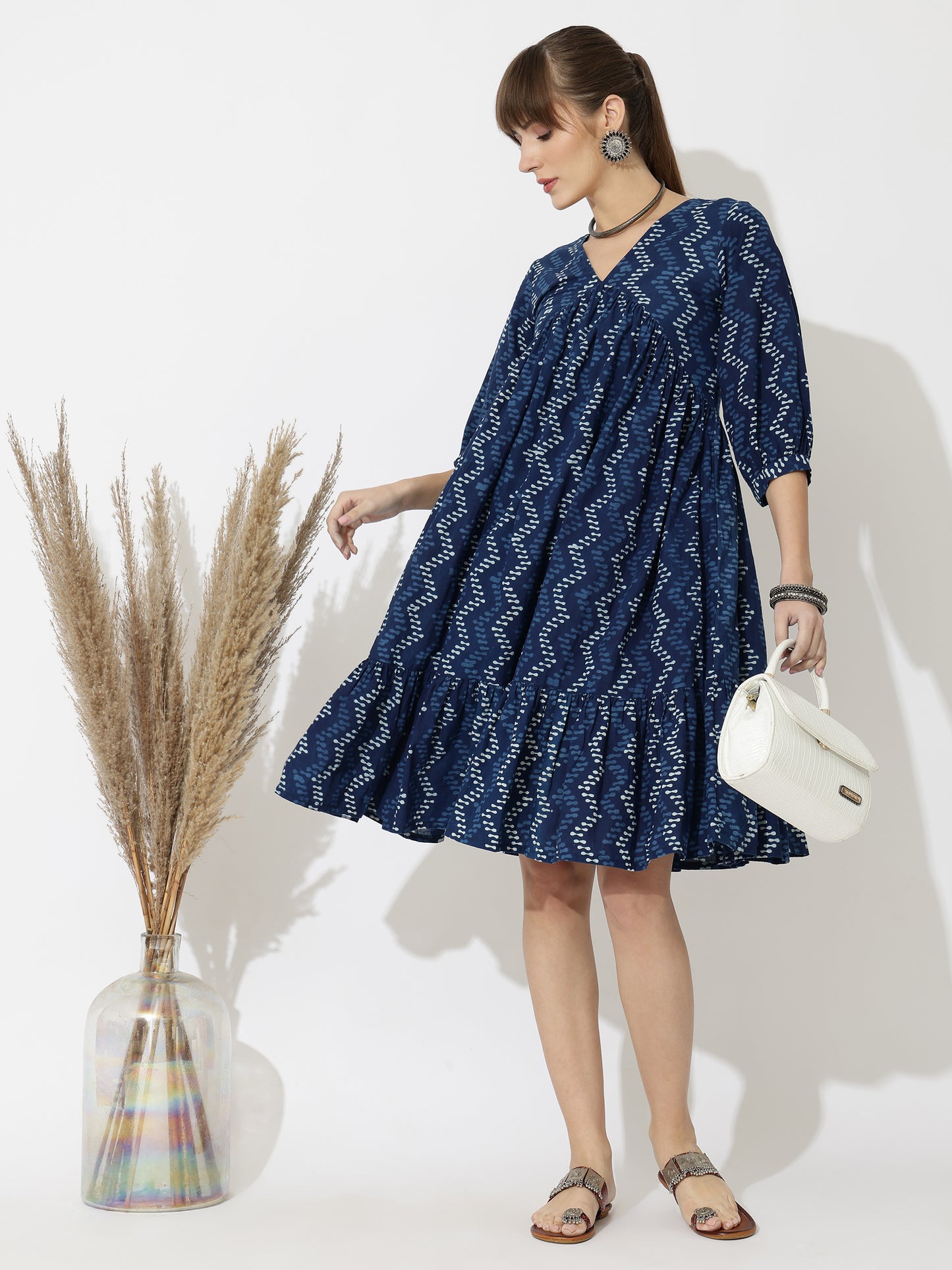 V-Neck Block Printed Modern Print Dress with Pockets