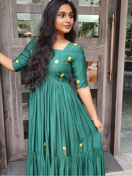 Embroidered Cotton Muslin Festive Dress - Green