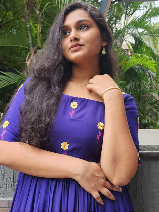 Embroidered Cotton Muslin Festive Dress - Royal Blue