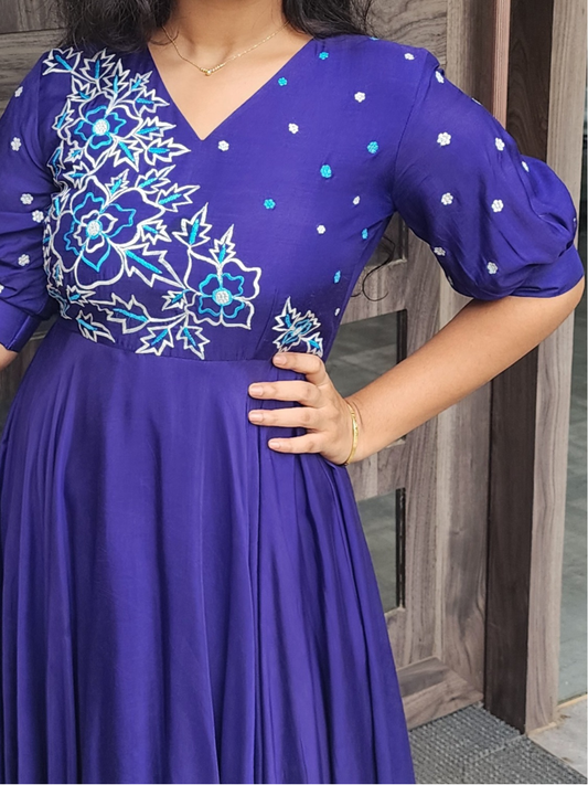 Embroidered Cotton Muslin Festive WearDress – Royal Blue