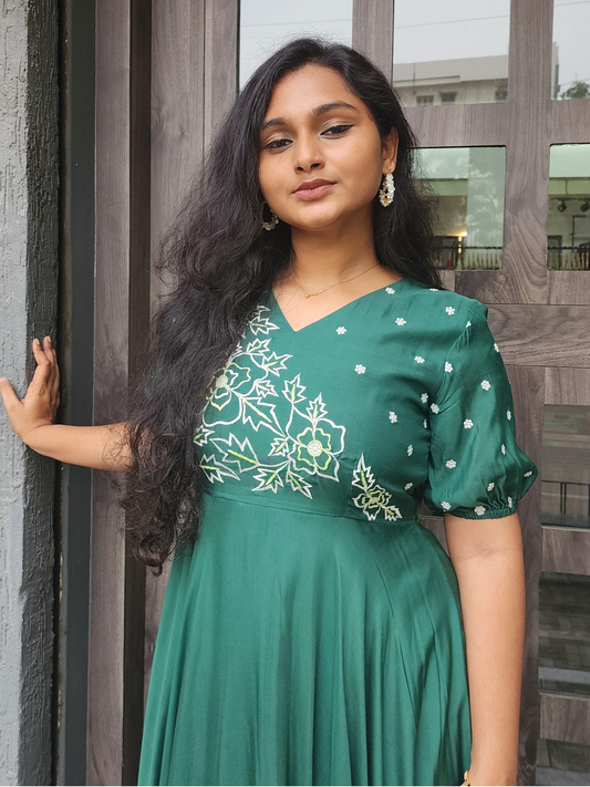 Embroidered Cotton Muslin Festive WearDress – Green