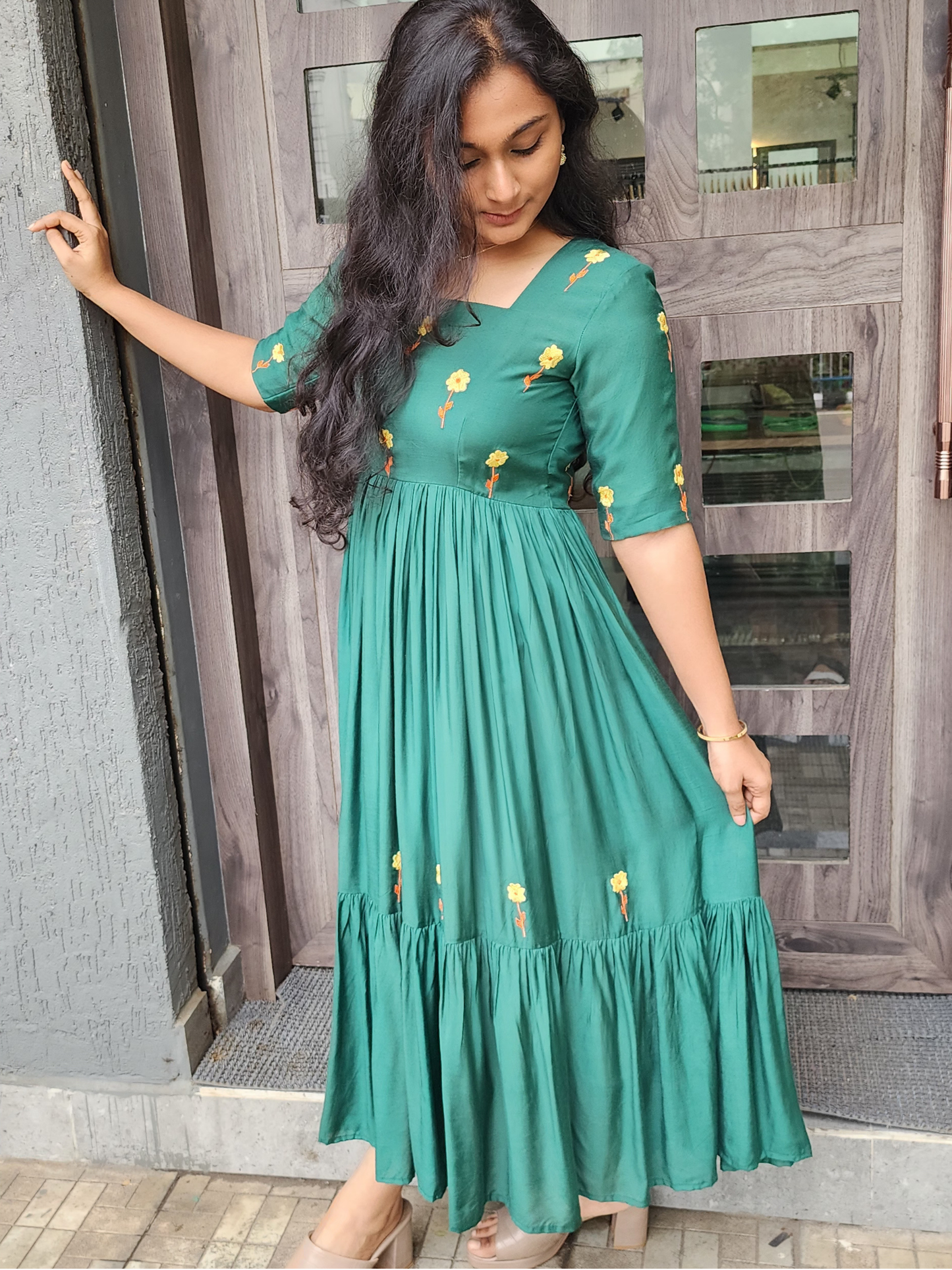 Embroidered Cotton Muslin Festive Dress - Green