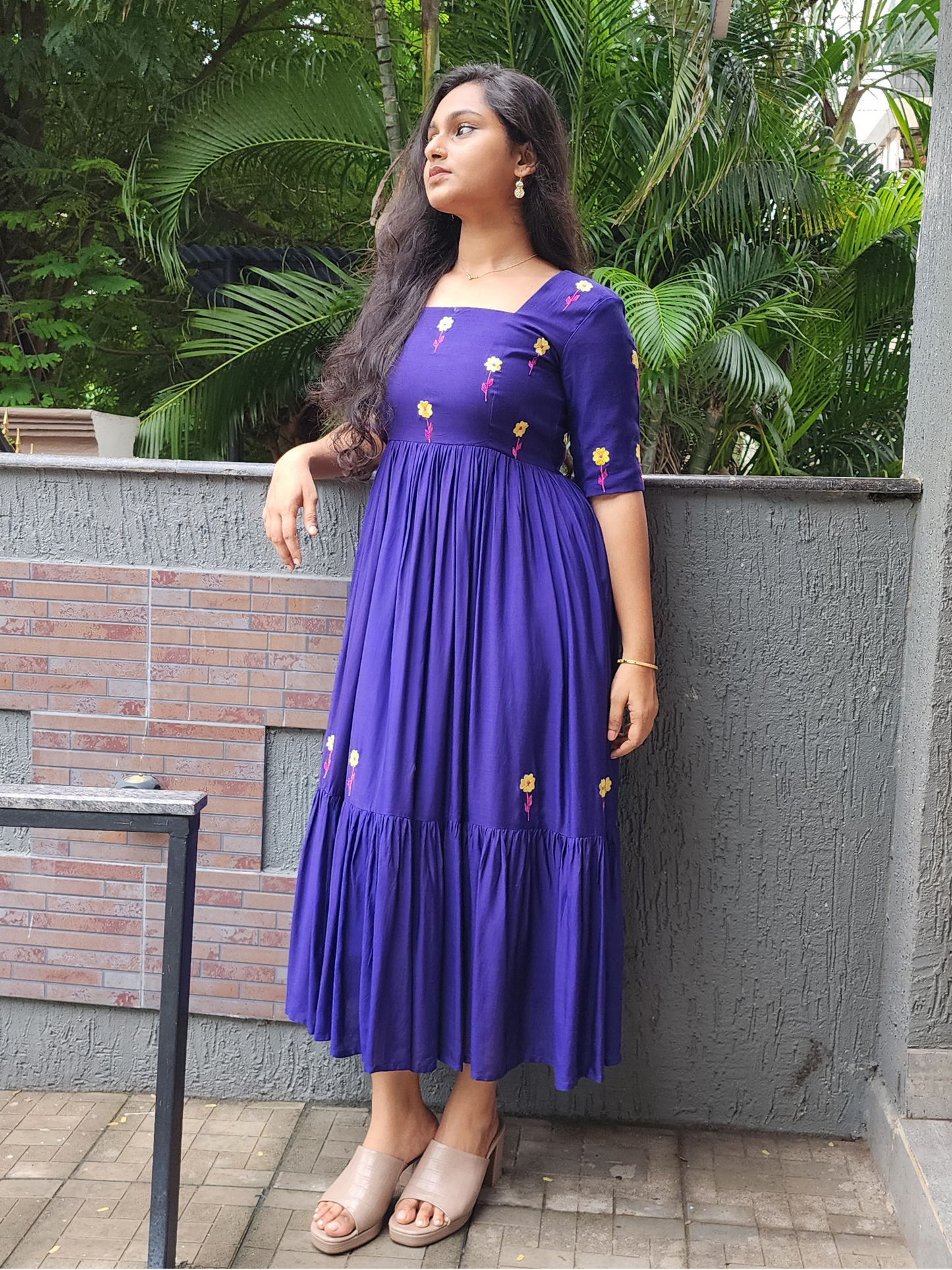 Embroidered Cotton Muslin Festive Dress - Royal Blue
