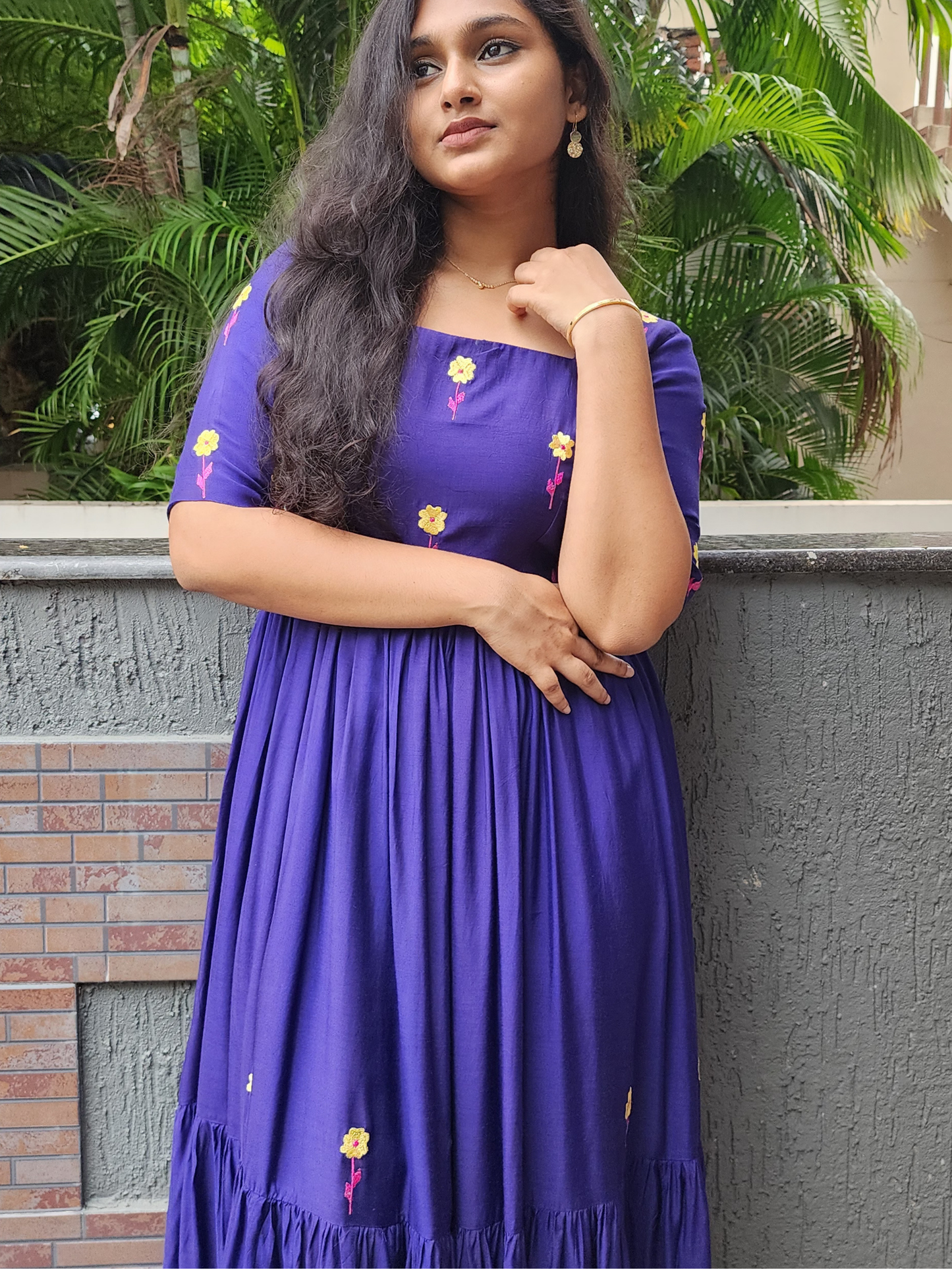 Embroidered Cotton Muslin Festive Dress - Royal Blue