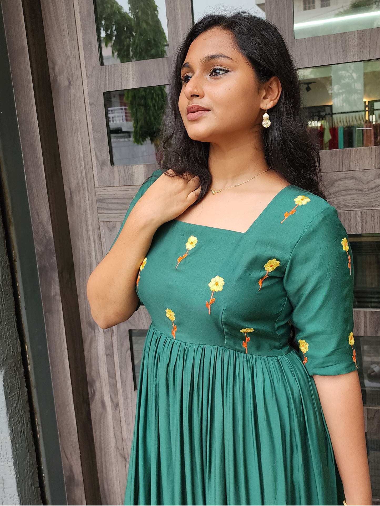 Embroidered Cotton Muslin Festive Dress - Green