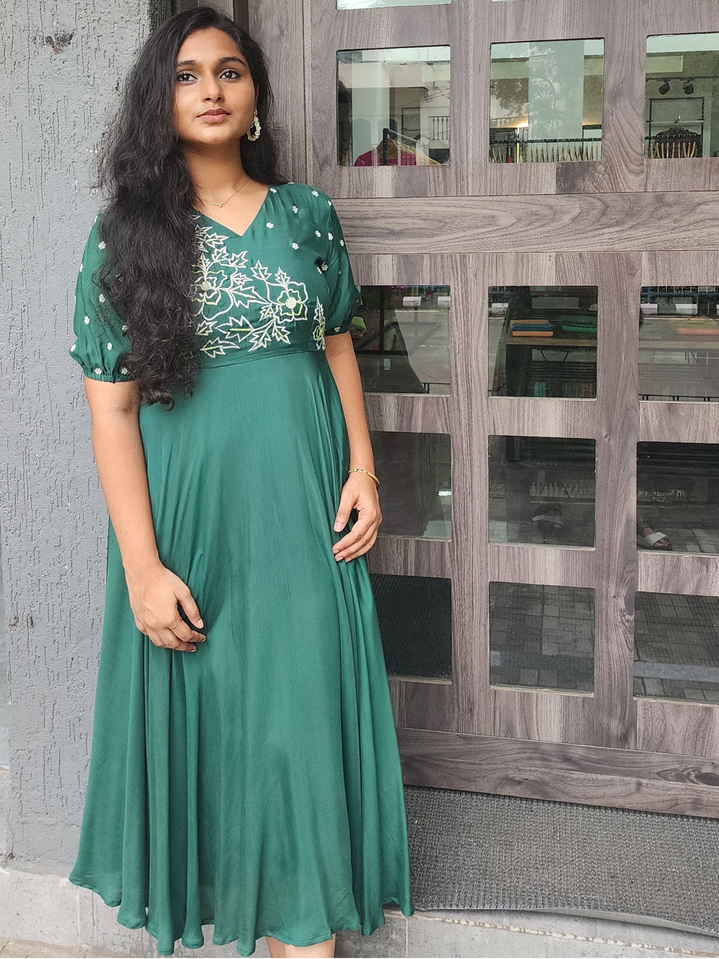 Embroidered Cotton Muslin Festive WearDress – Green