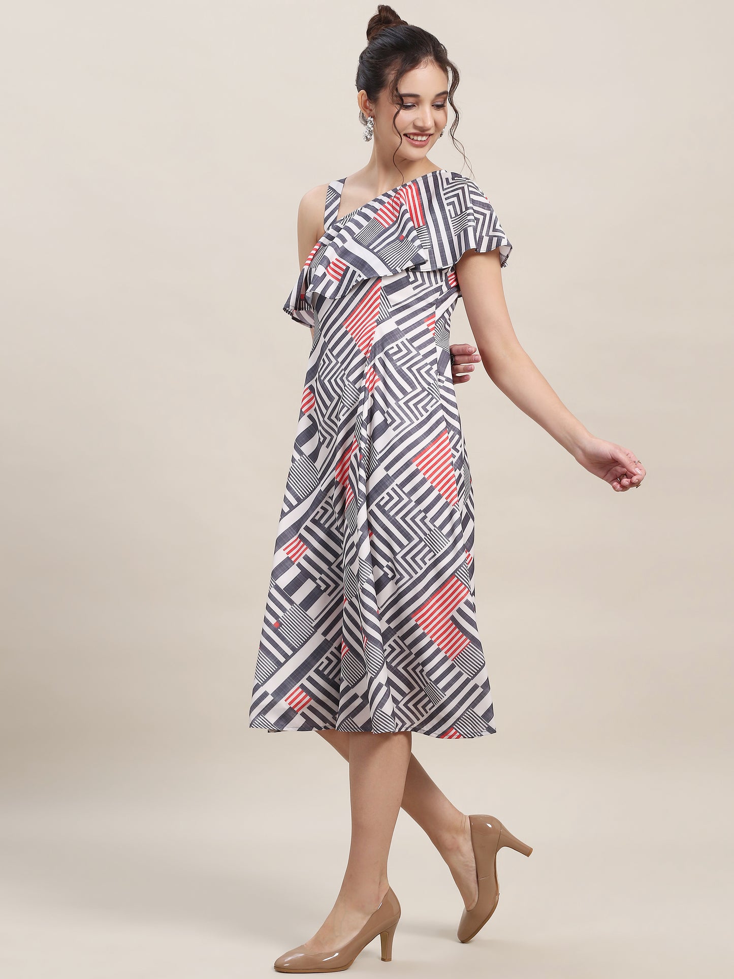 One Shoulder Ruffle Dress - Stripes