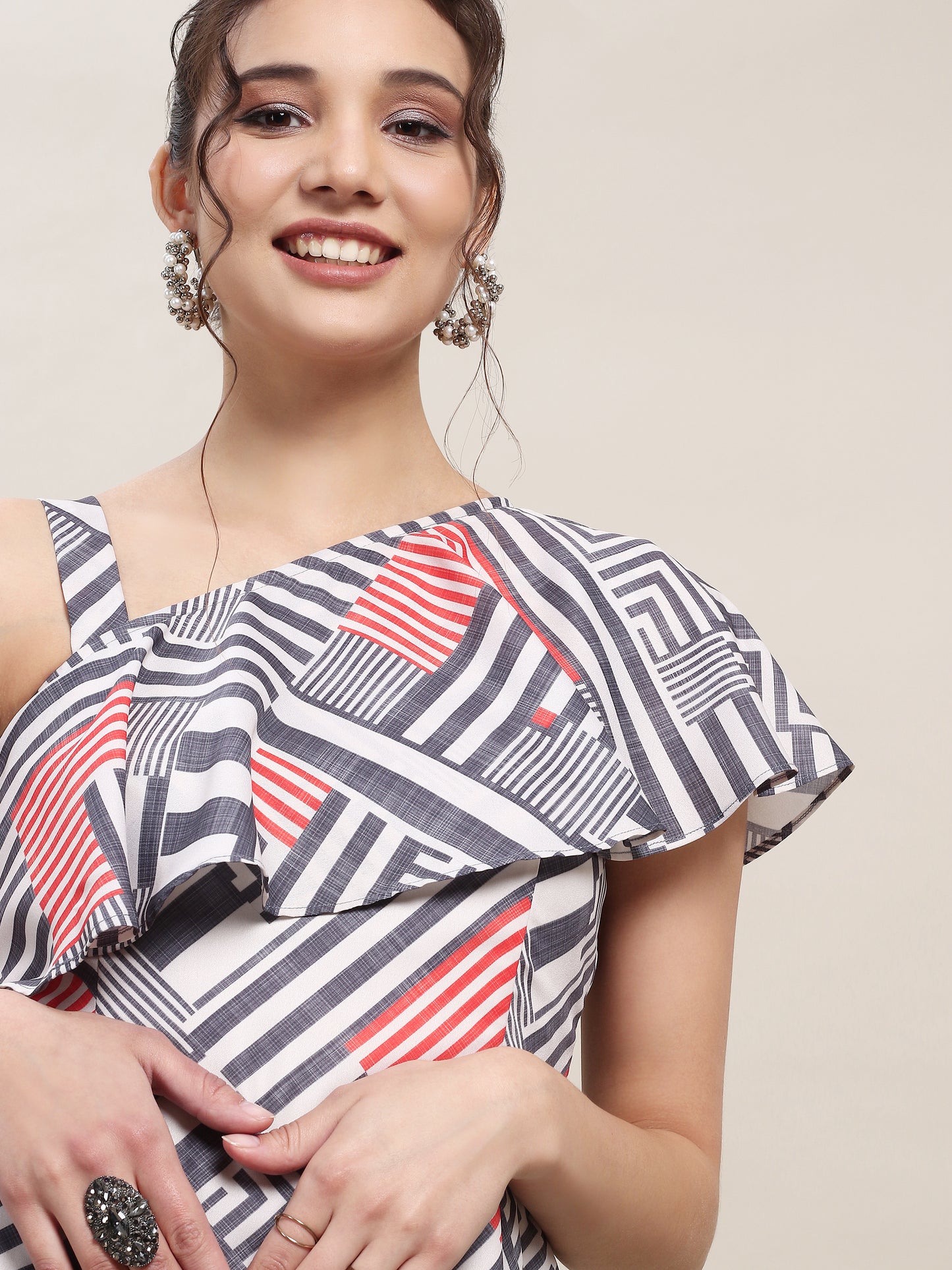 One Shoulder Ruffle Dress - Stripes