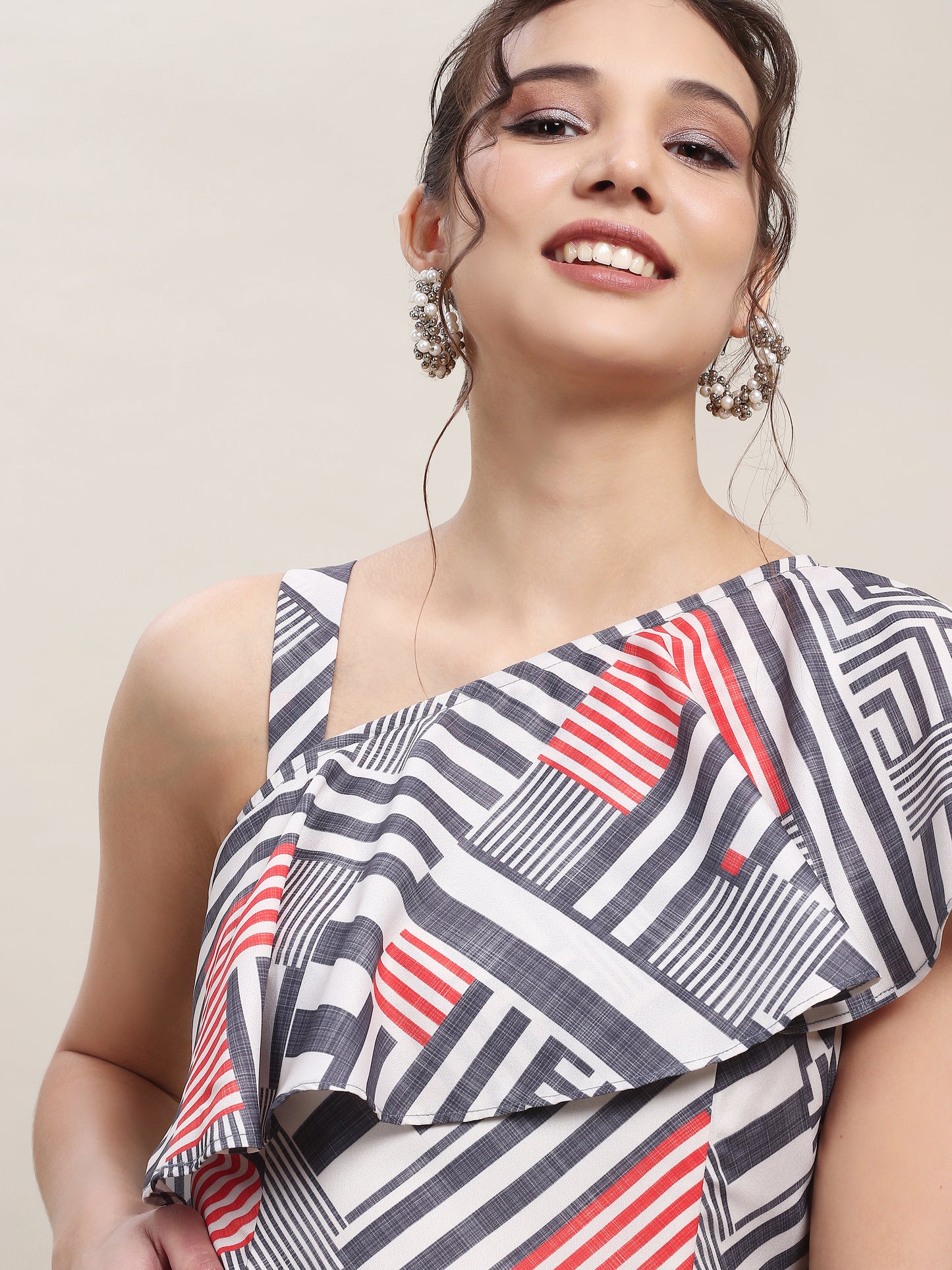 One Shoulder Ruffle Dress - Stripes
