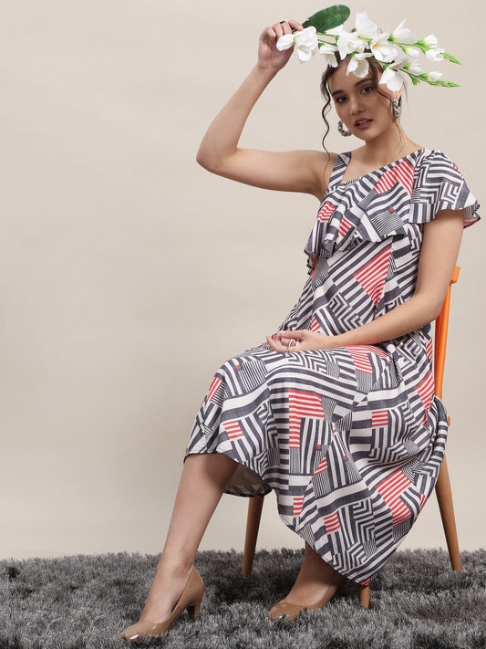 One Shoulder Ruffle Dress - Stripes