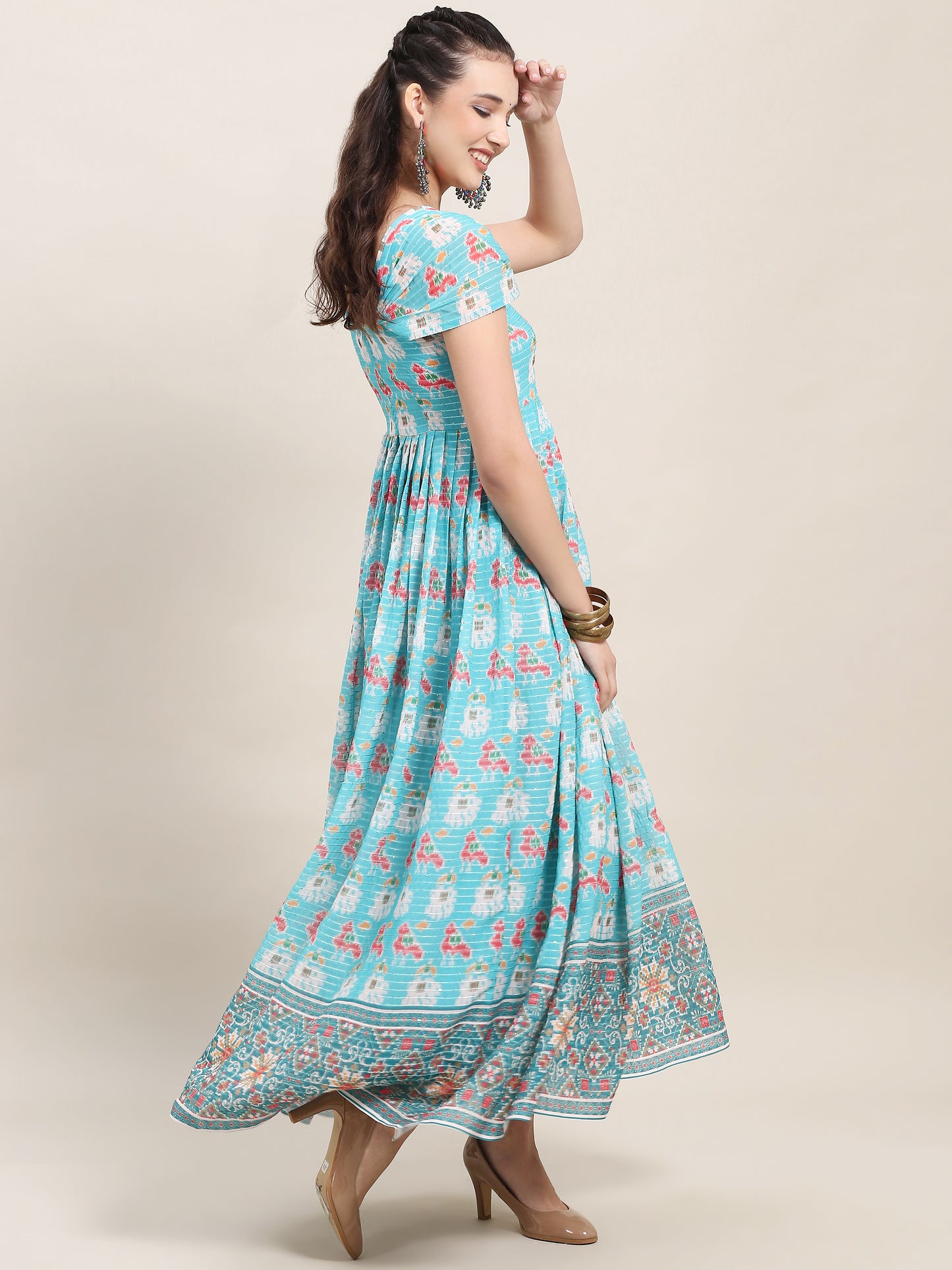 Pleated Sleeve Georgette Kurti - Blue