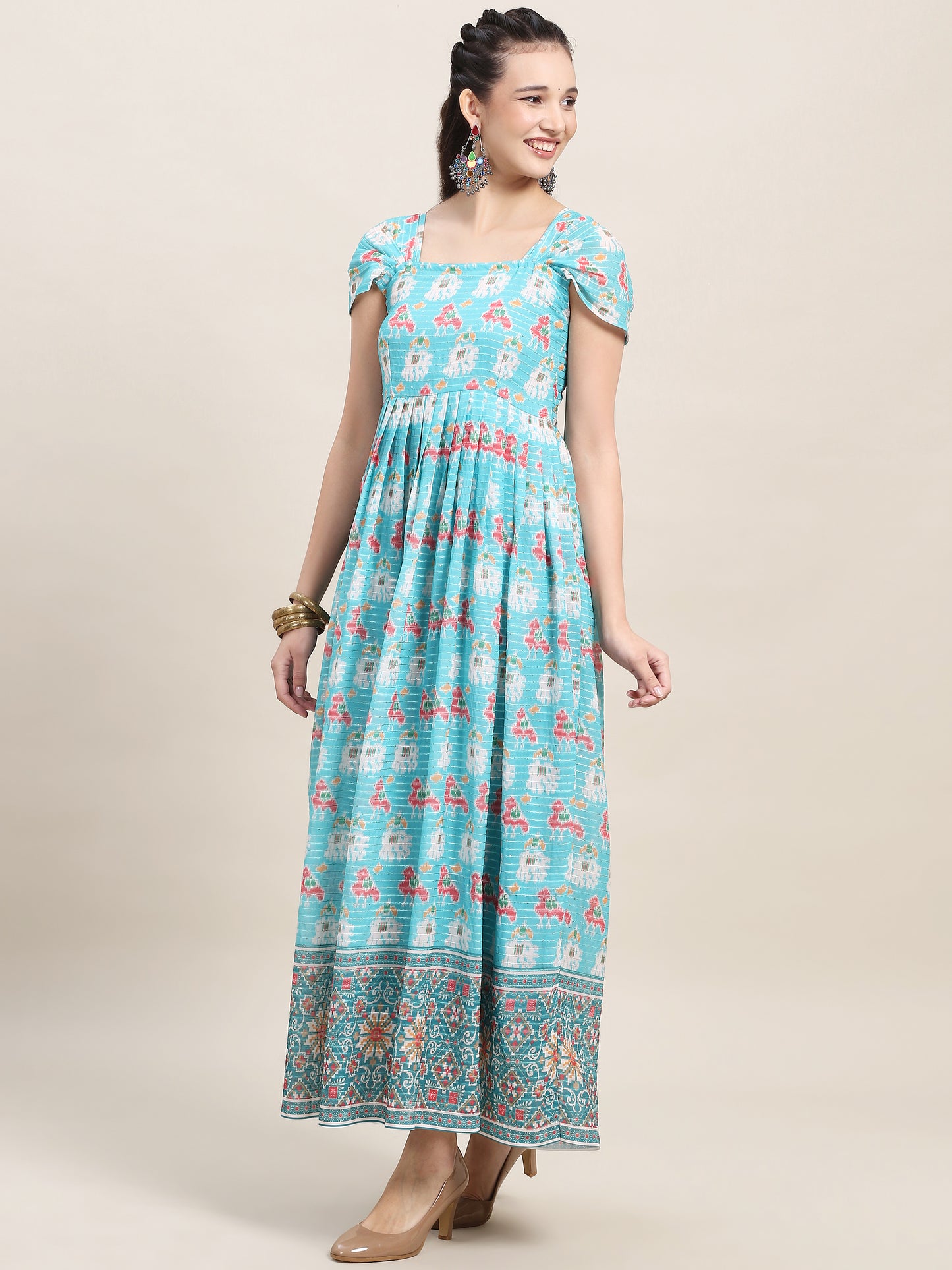 Pleated Sleeve Georgette Kurti - Blue
