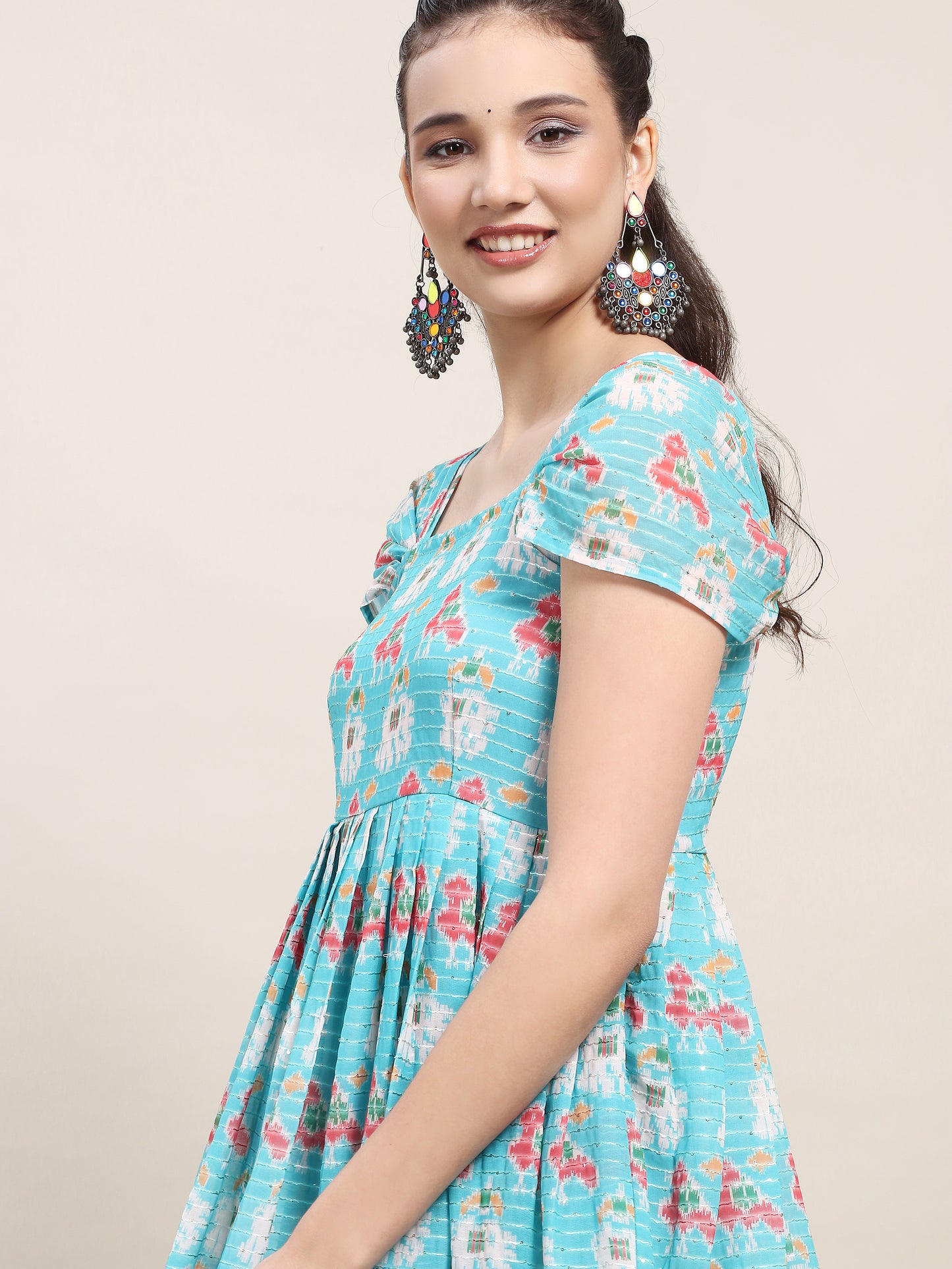 Pleated Sleeve Georgette Kurti - Blue