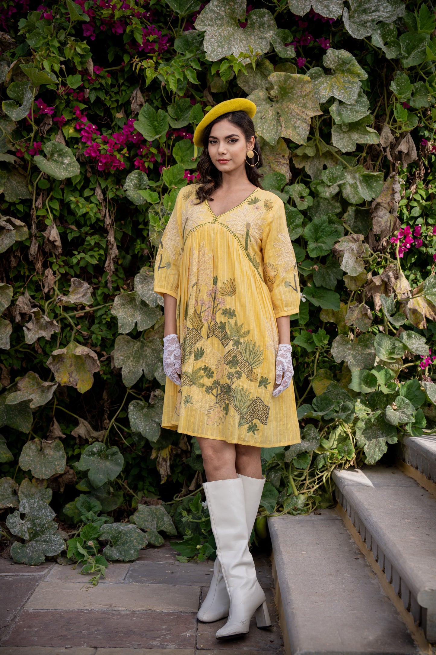 Embroidered Yellow Cotton Short Dress