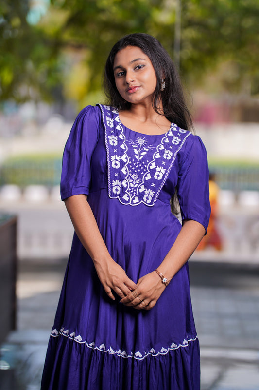 Embroidered Muslin Cotton Midi Dress – Fit & Flare Elegance