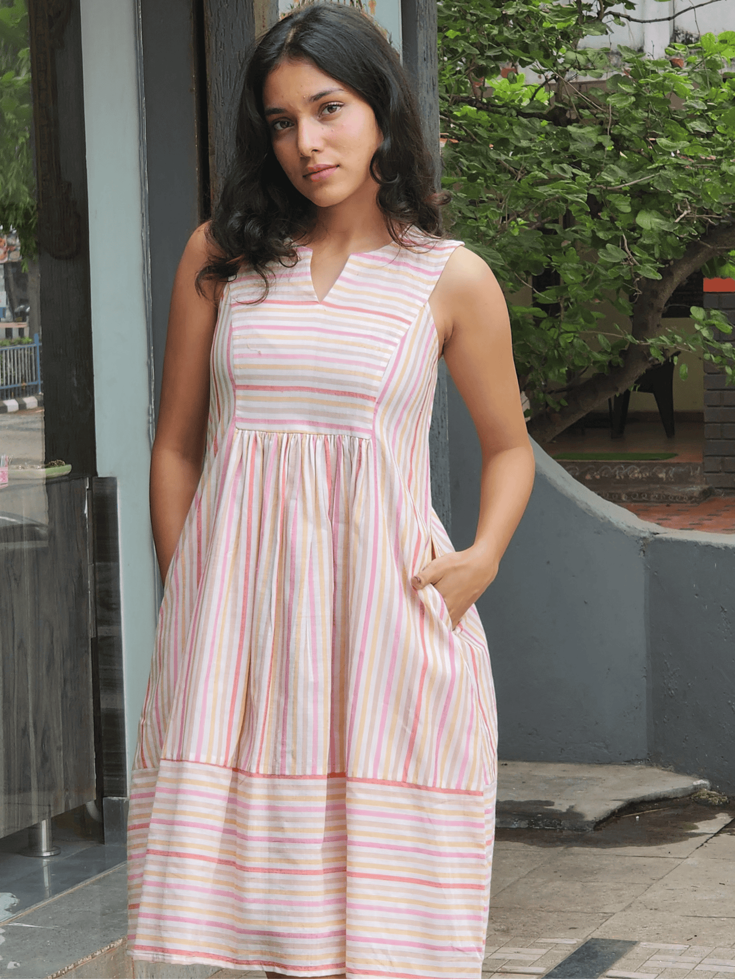 Handwoven Mangalgiri Striped Cotton Dress