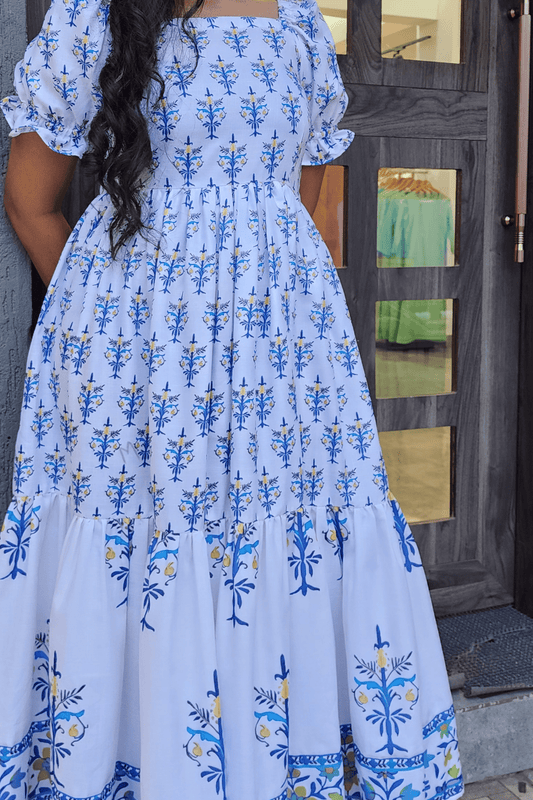 Blue Jaipur Print Cotton Tiered Dress
