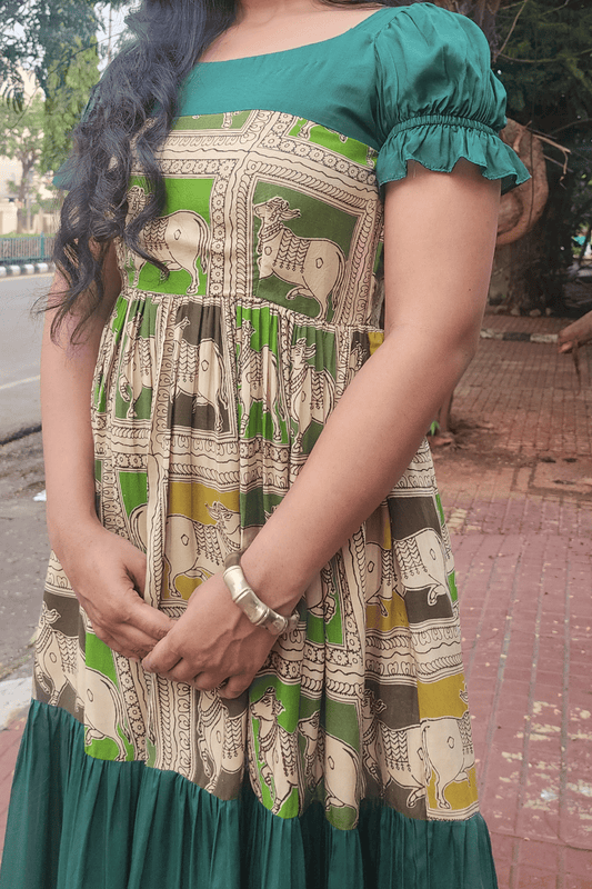 Kalamkari Pichwai Print Dress - Green Hues