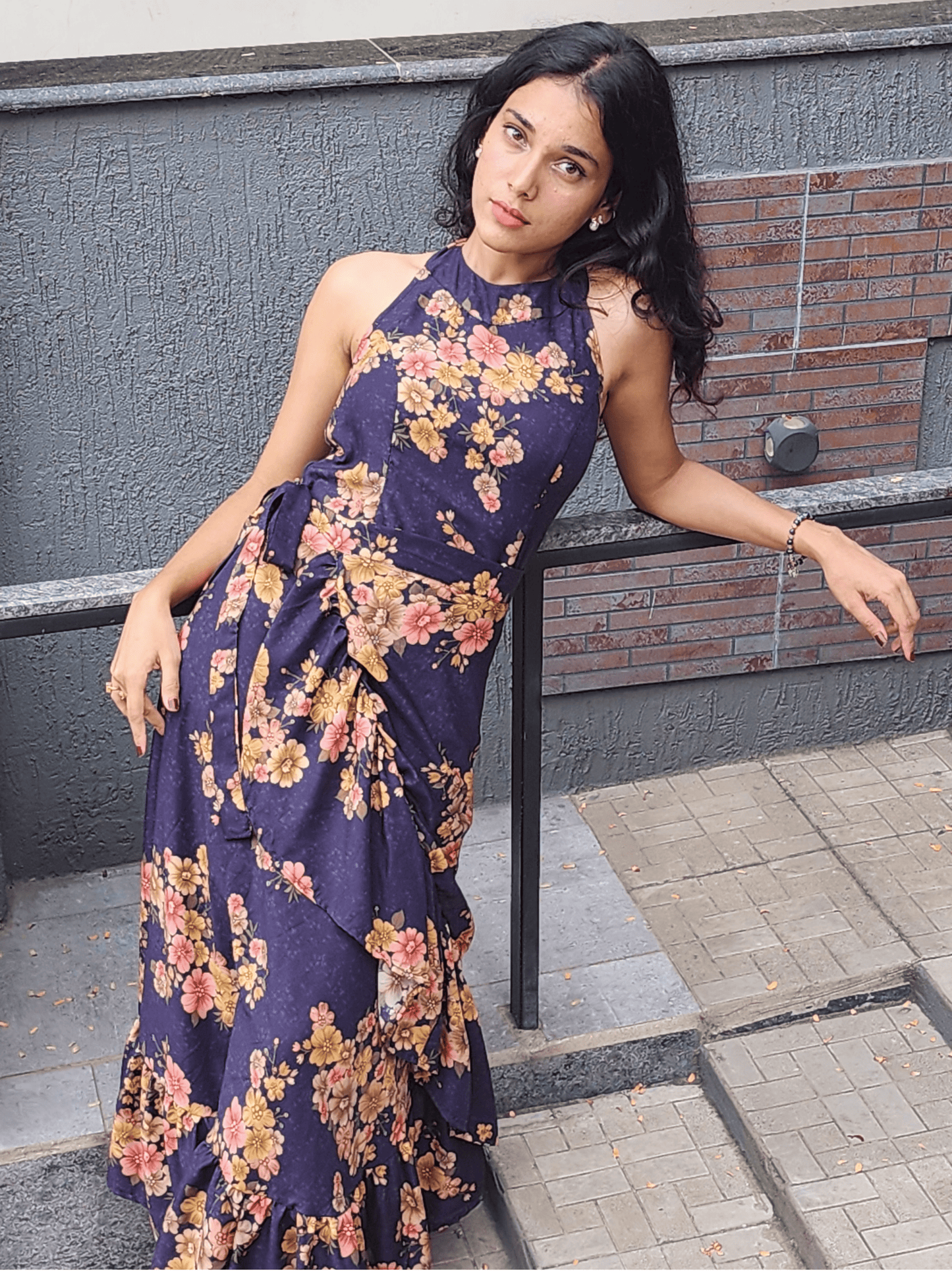 Deep Blue Floral Co-ord Set – Wrap Skirt & Crop Top