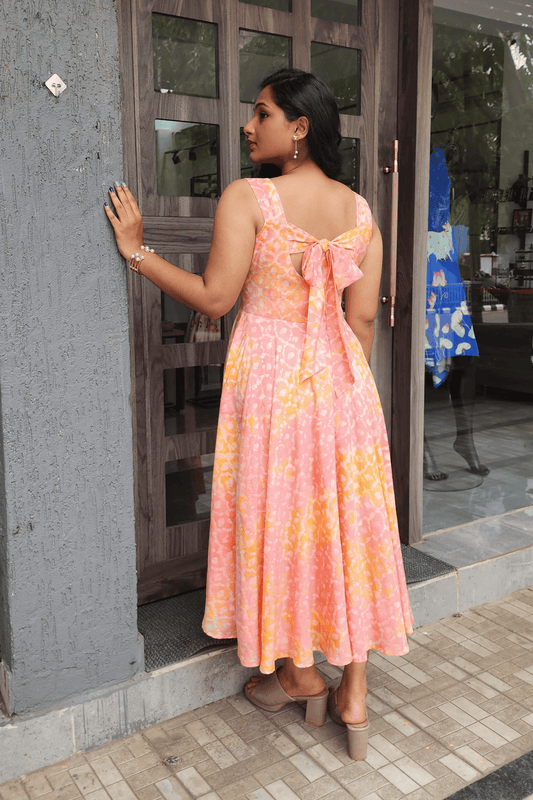 Pink Shibori Dress – Back Bow, Circle Cut Skirt & Pleated Sleeve Detail